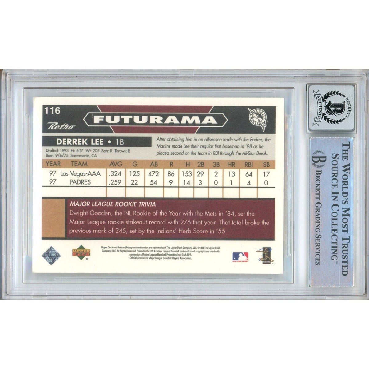 Derrek Lee Upper Deck Retro Signed Trading Card Beckett BGS