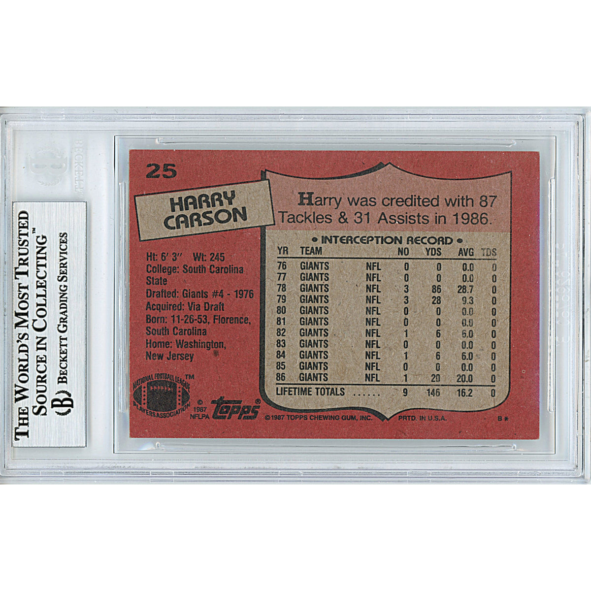 Harry Carson New York Giants Signed Trading Card Beckett BGS