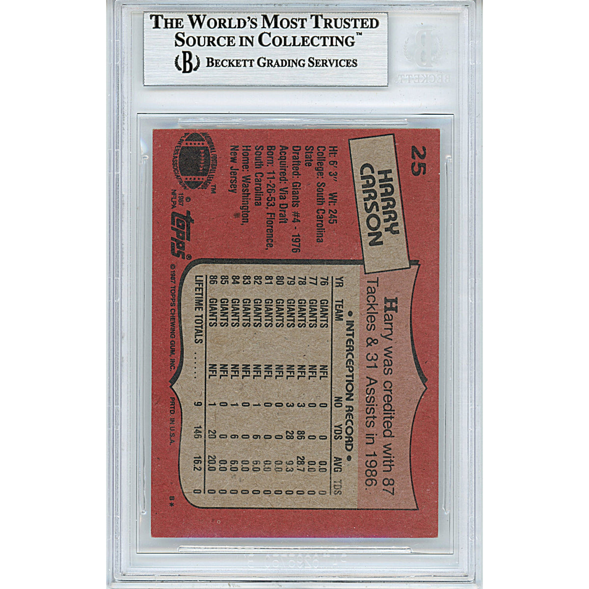 Harry Carson New York Giants Autograph Trading Card Beckett BGS