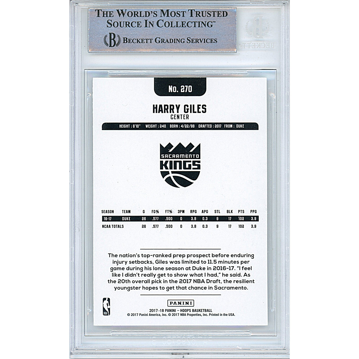 Harry Giles Sacramento Kings Autographed Signed Trading Card Beckett BGS