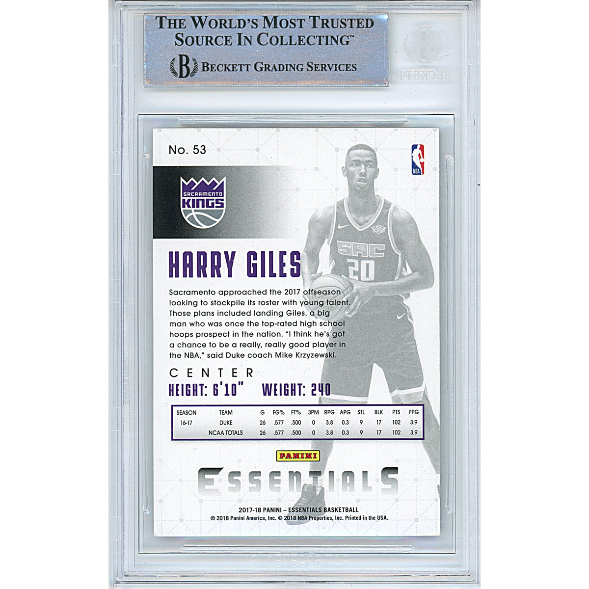 Harry Giles Panini Essentials Signed Trading Card Beckett BGS