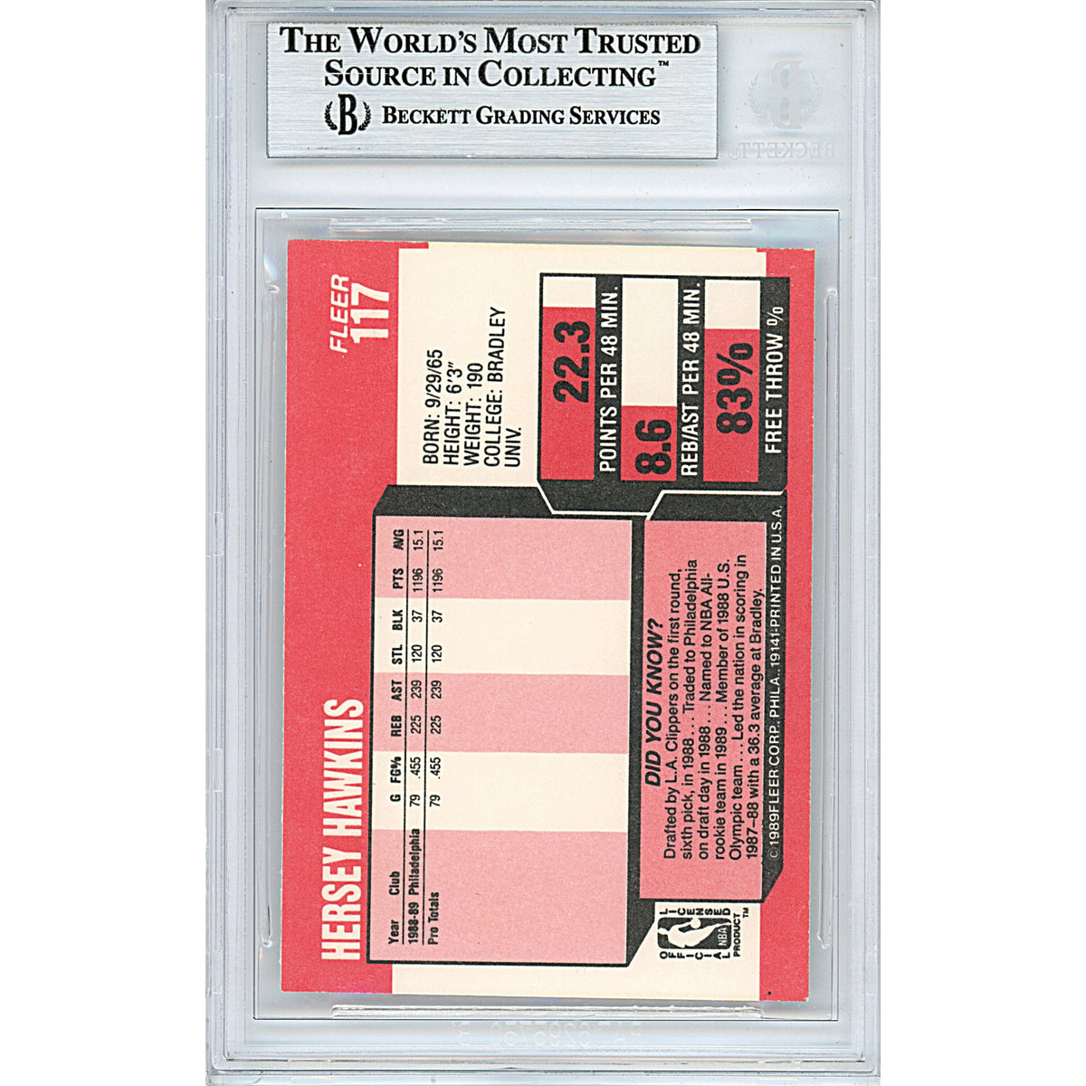 Hersey Hawkins Philadelphia Autograph Trading Card Beckett BGS