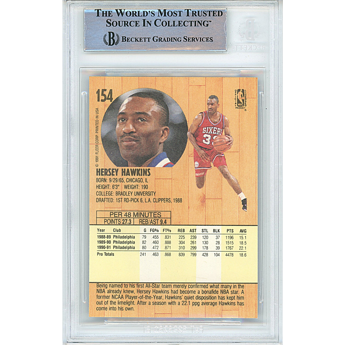 Hersey Hawkins Philadelphia Signed Trading Card Beckett BGS