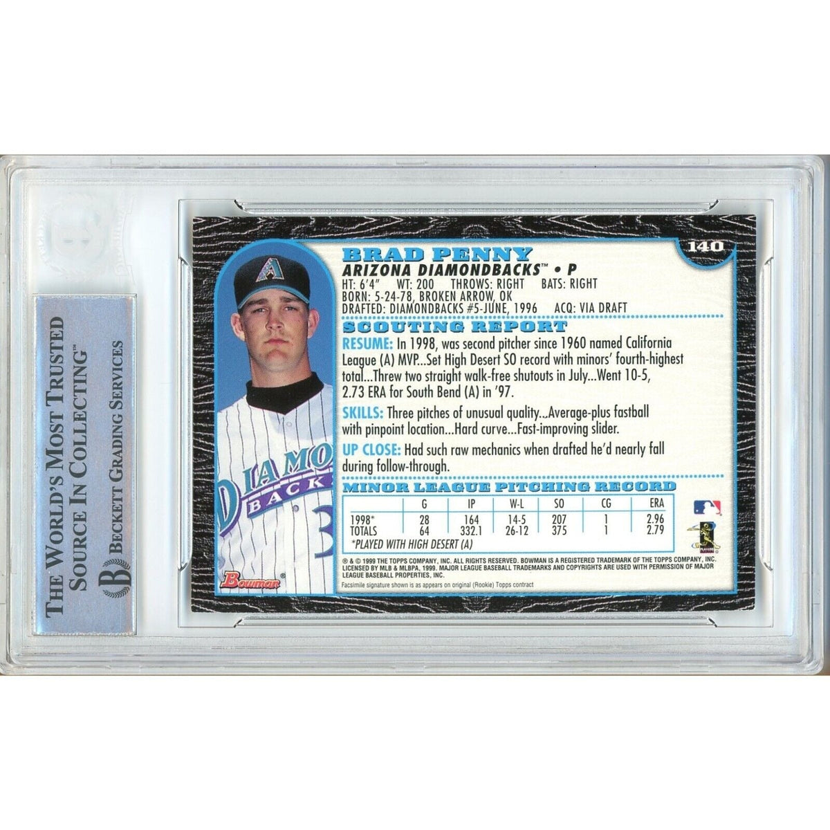 Brad Penny Bowman International Signed Trading Card Beckett BAS