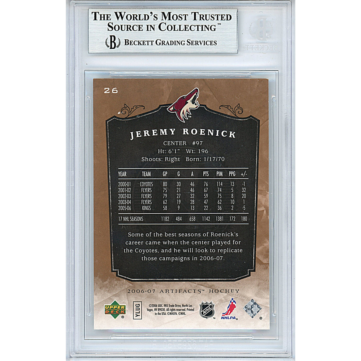 Jeremy Roenick Upper Deck Signed Trading Card Beckett BGS