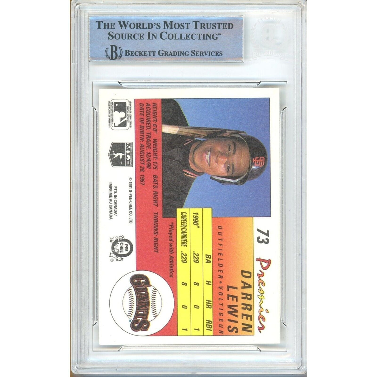 Darren Lewis San Francisco Giants Autograph Trading Card Beckett BAS