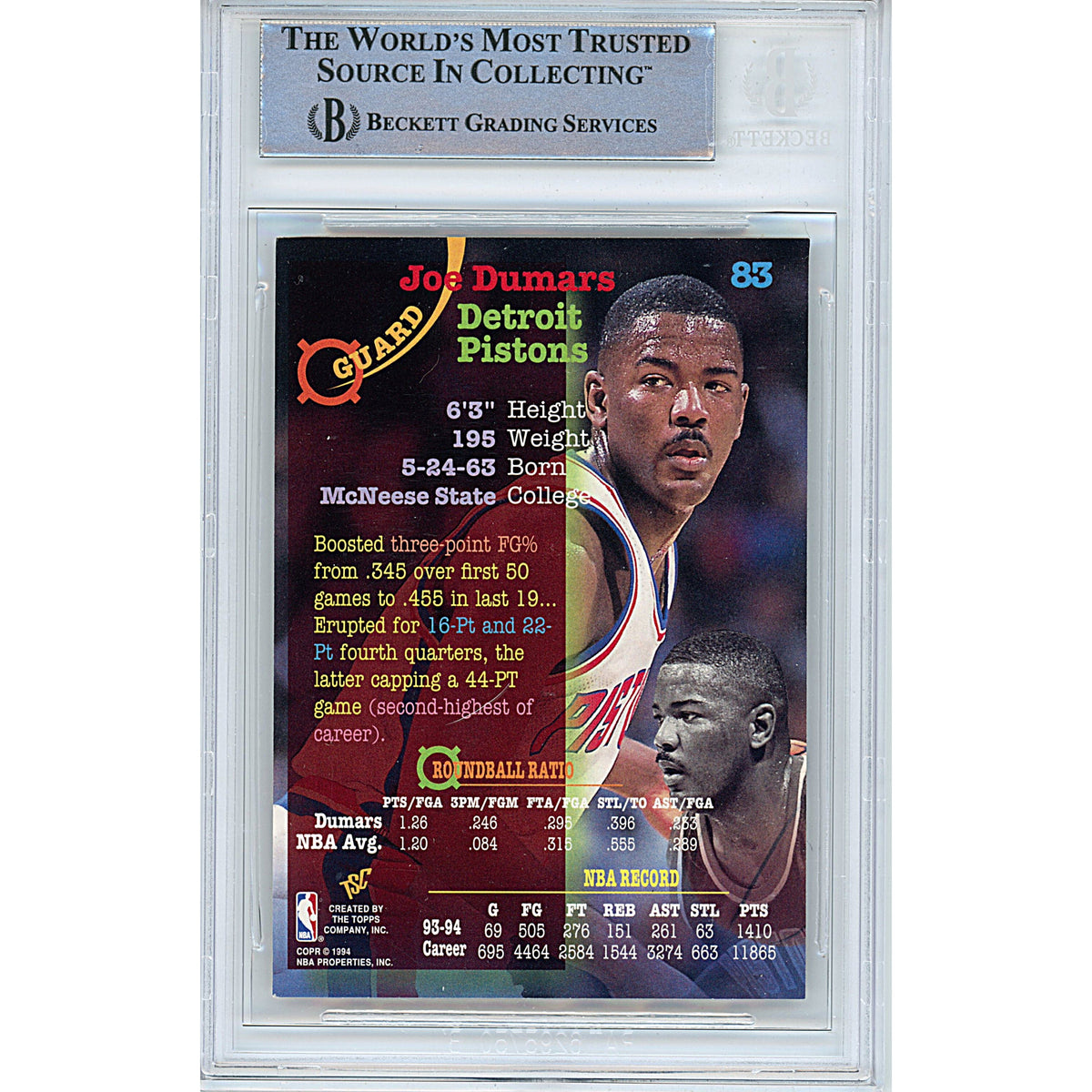 Joe Dumars Stadium Club Signed Trading Card Beckett BAS