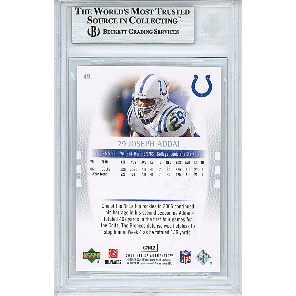 Joseph Addai Indianapolis Colts Autographed Signed Trading Card Beckett BGS