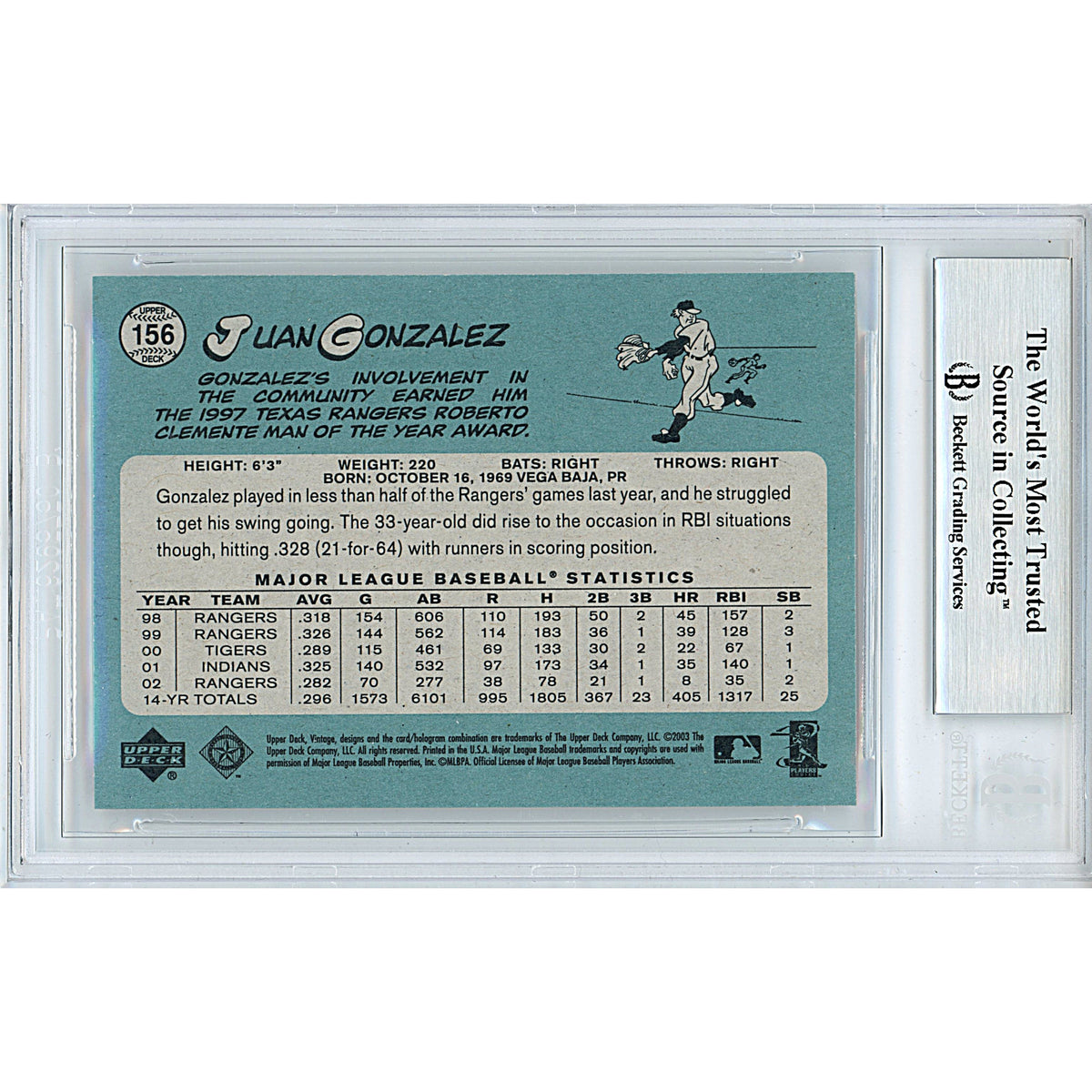 Juan Gonzalez Upper Deck Vintage Signed Trading Card Beckett BGS