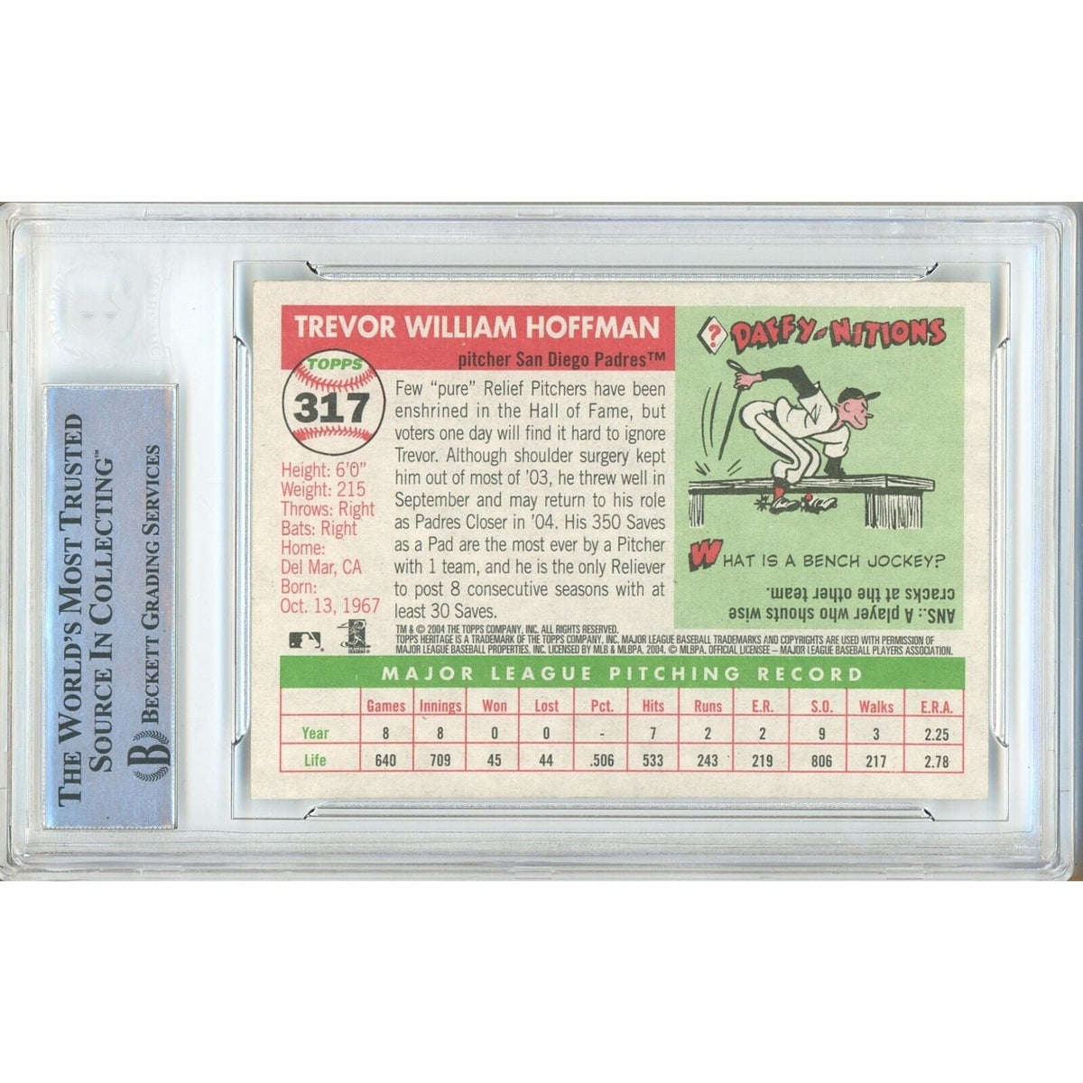 Trevor Hoffman San Diego Padres Autograph Trading Card Beckett BGS