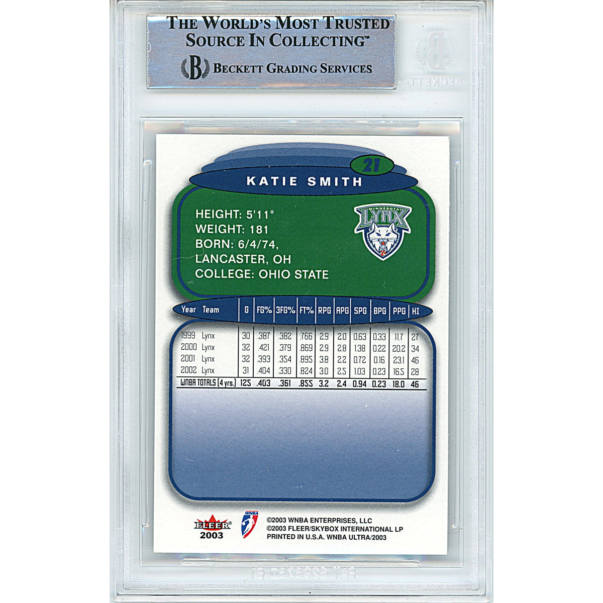 Katie Smith Fleer Ultra Signed Trading Card Beckett BGS
