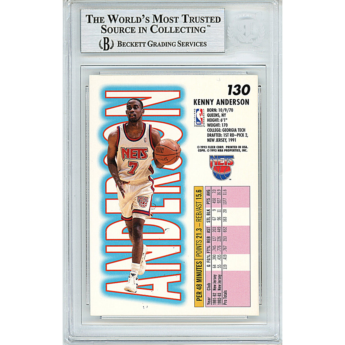 Kenny Anderson New Jersey Nets Signed Trading Card Beckett BGS