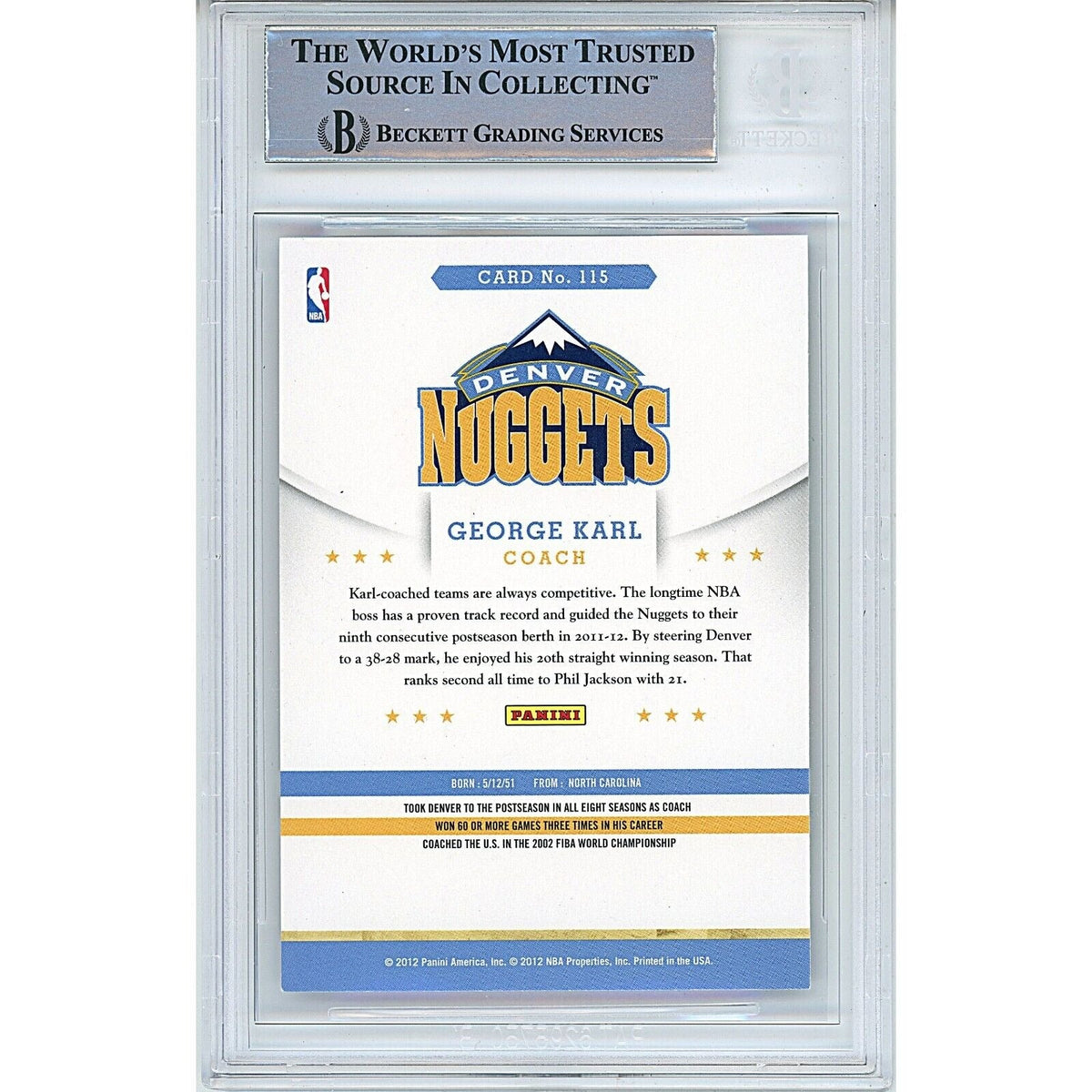 George Karl Denver Nuggets Autographed Signed Trading Card Beckett BAS