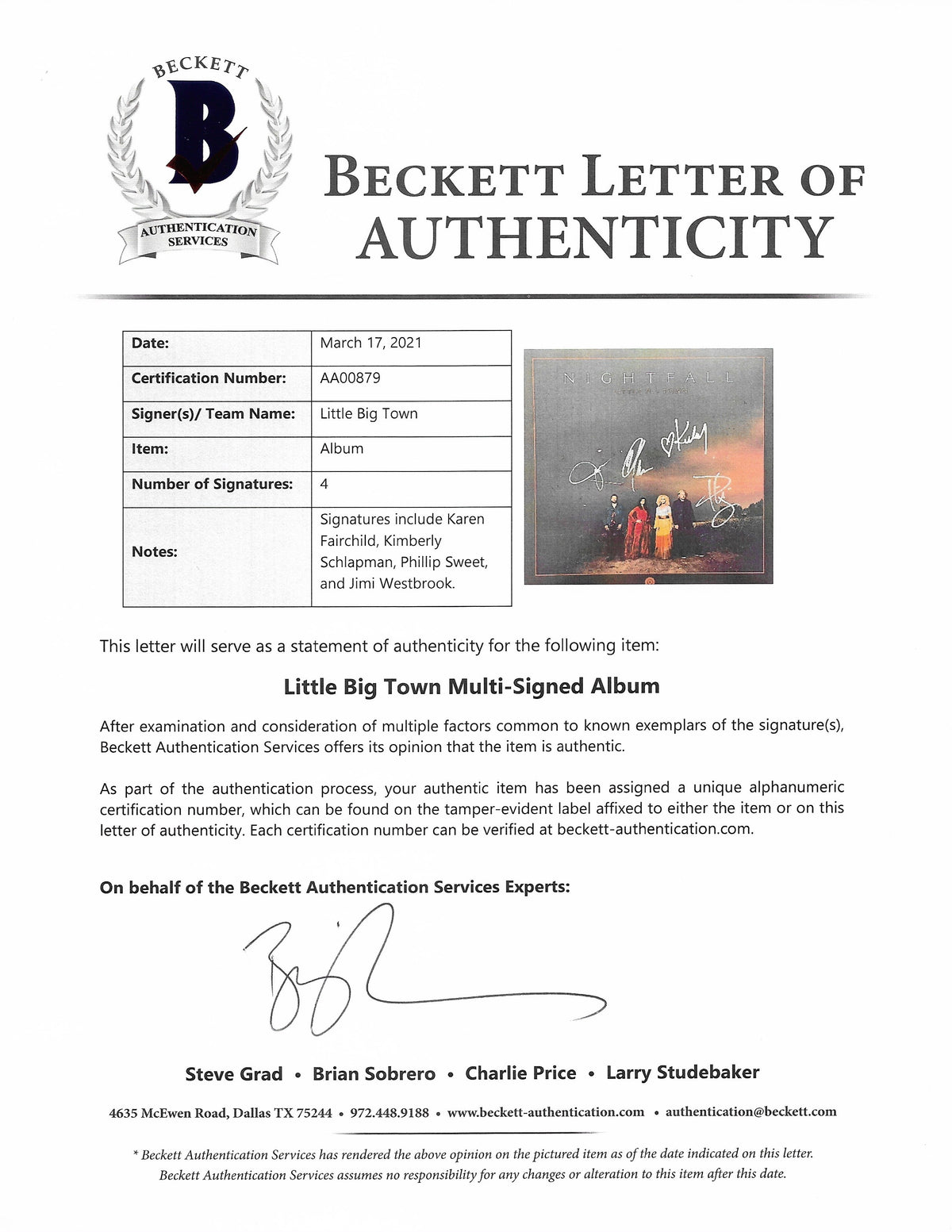 Little Big Town Band Autographed Autograph Vinyl Beckett BAS