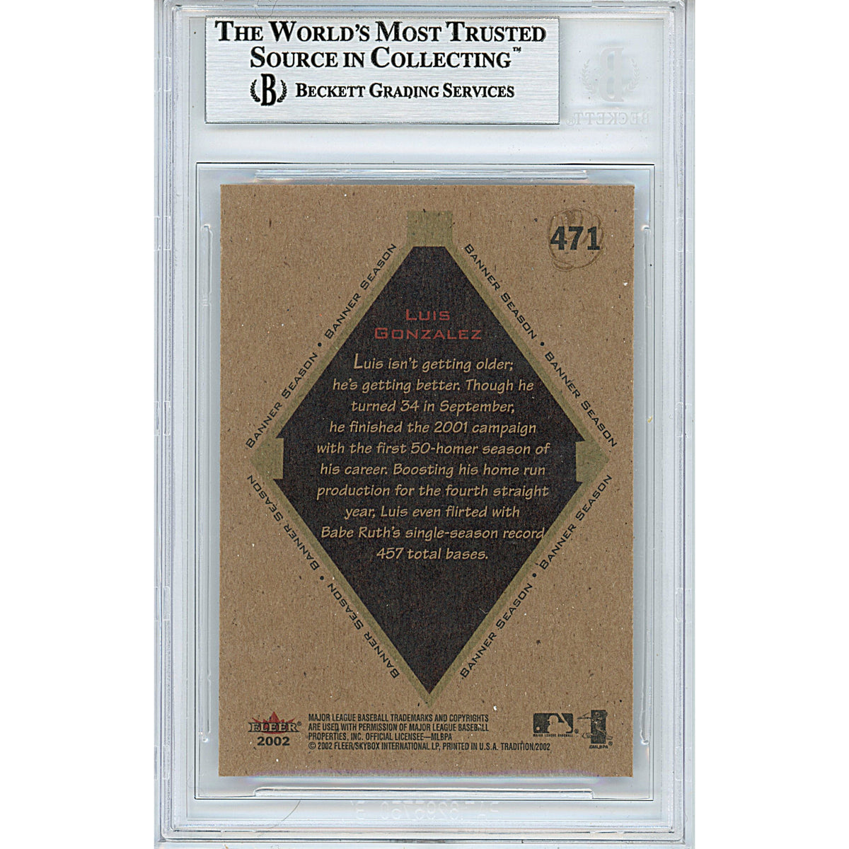 Luis Gonzalez Fleer Tradition Signed Trading Card Beckett BGS