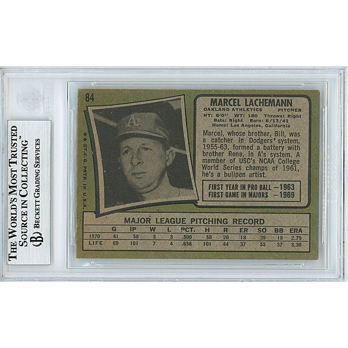 Marcel Lachemann Signed Oakland Athletics Trading Card Beckett BGS