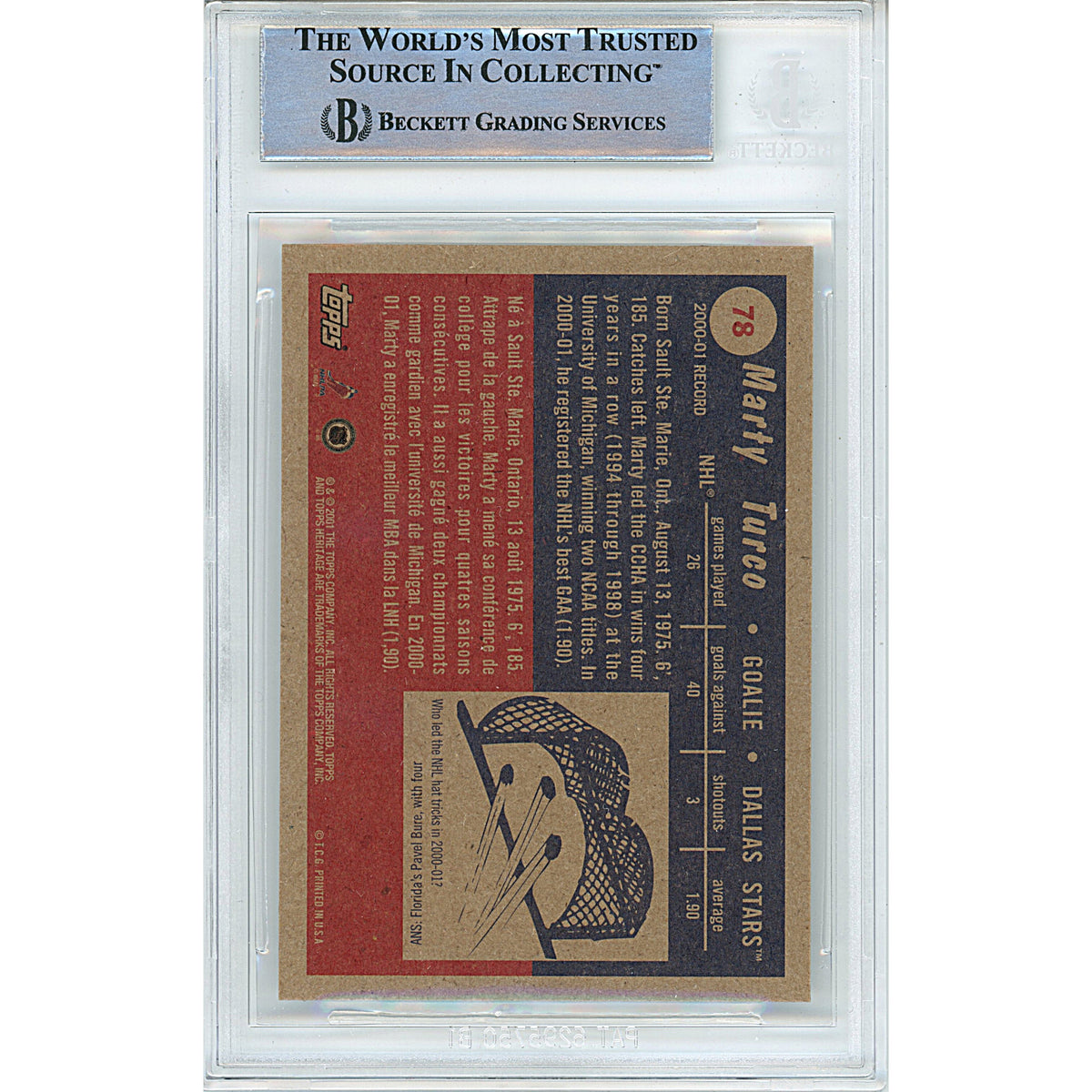 Marty Turco Signed Dallas Stars Autograph Trading Card Beckett BGS