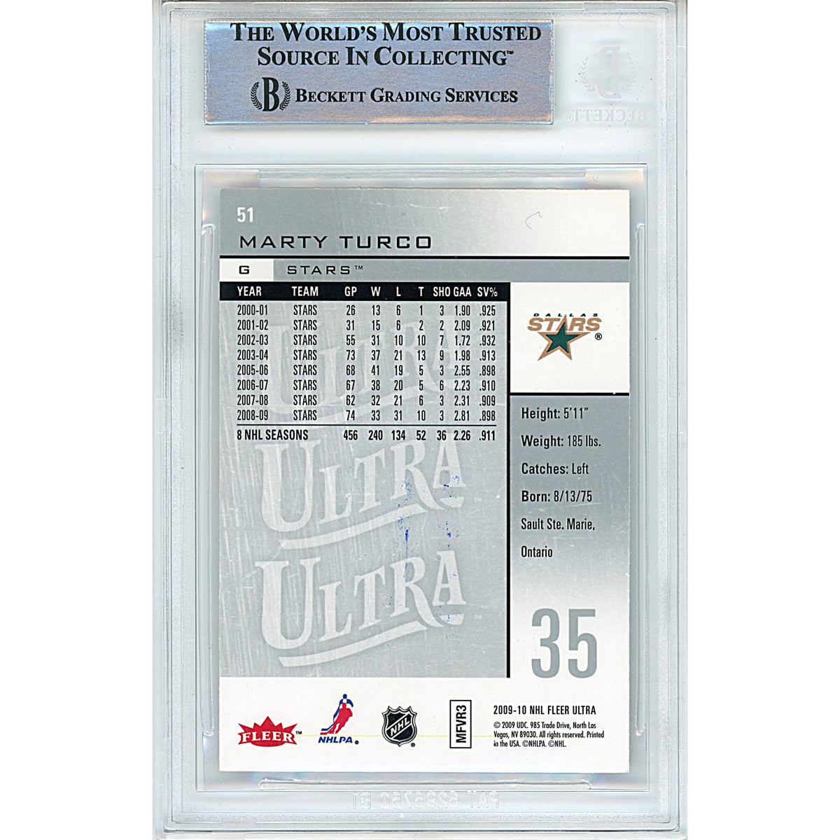 Marty Turco Signed Dallas Stars Trading Card Beckett BGS