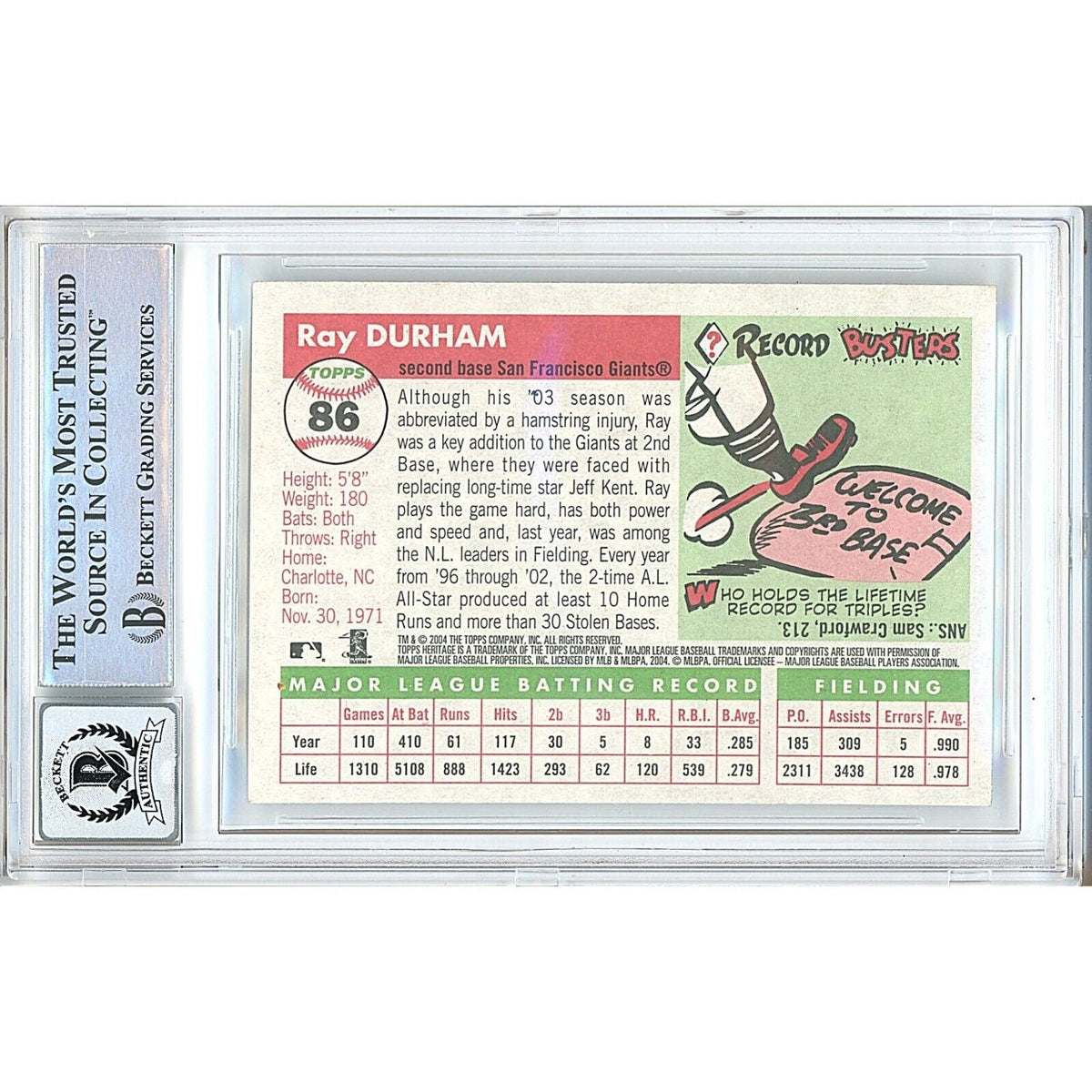Ray Durham San Francisco Giants Autograph Trading Card Beckett BGS