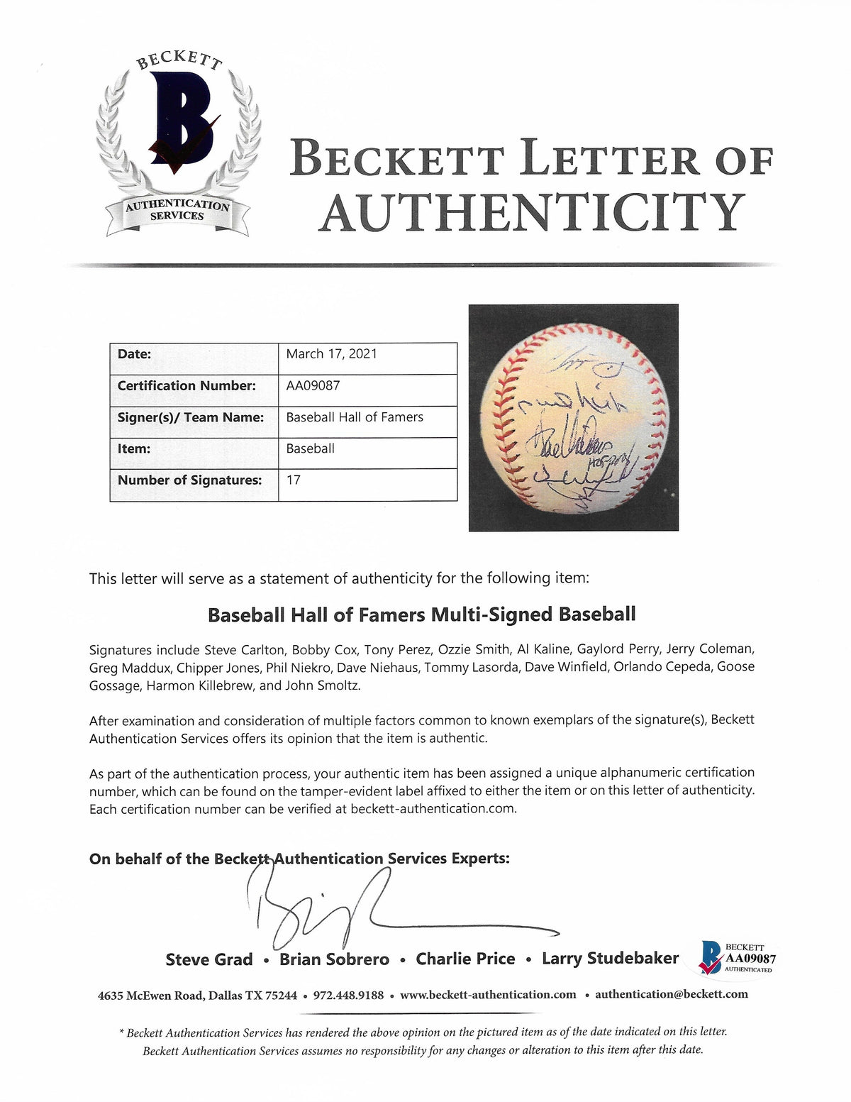 Baseball Hall Of Fame Multi Autographed Signed Beckett BAS