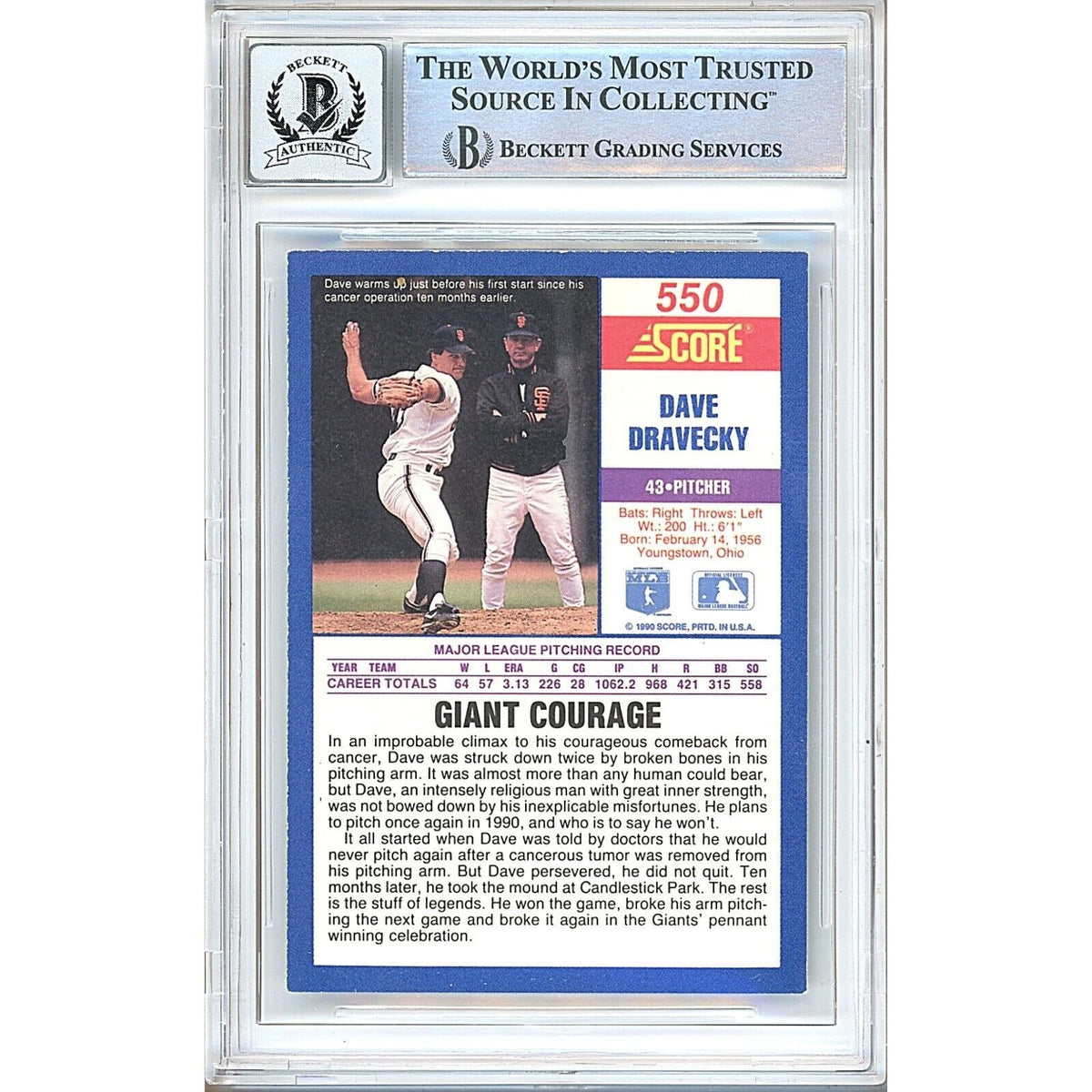 Dave Dravecky San Francisco Giants Signed Trading Card Beckett BGS