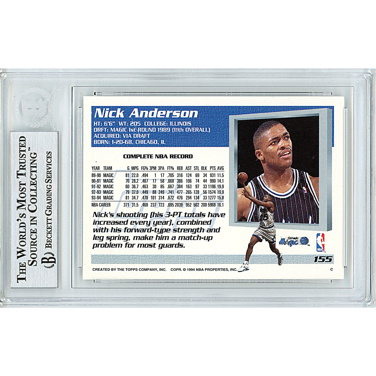Nick Anderson Signed Orlando Magic Trading Card Beckett BGS