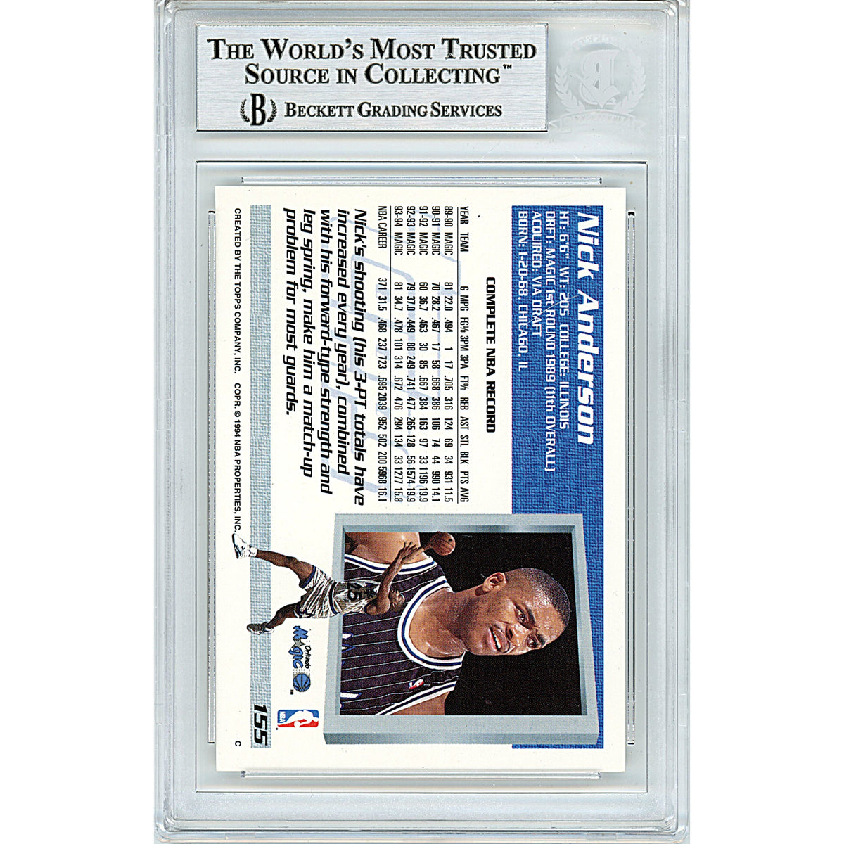 Nick Anderson Signed Orlando Magic Autograph Trading Card Beckett BGS