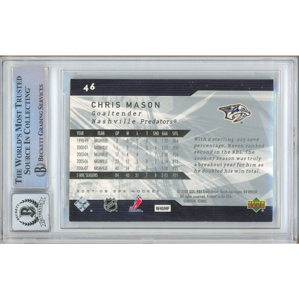 Chris Mason Upper Deck Autograph Trading Card Beckett BGS