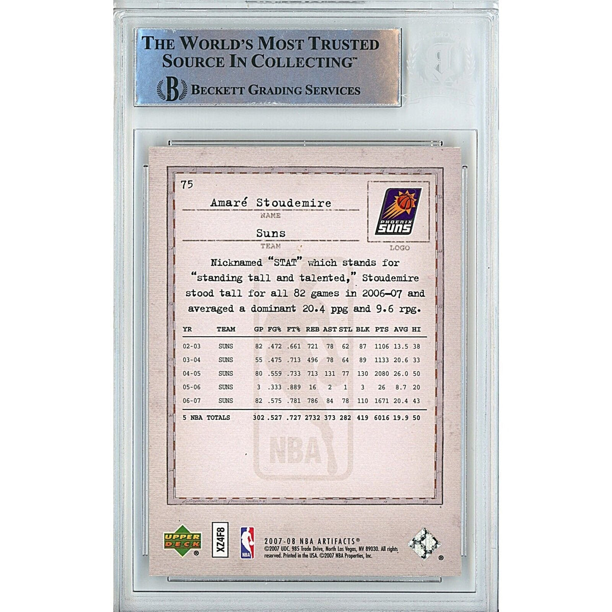 Amare Stoudemire Upper Deck Artifacts Signed Trading Card Beckett BAS