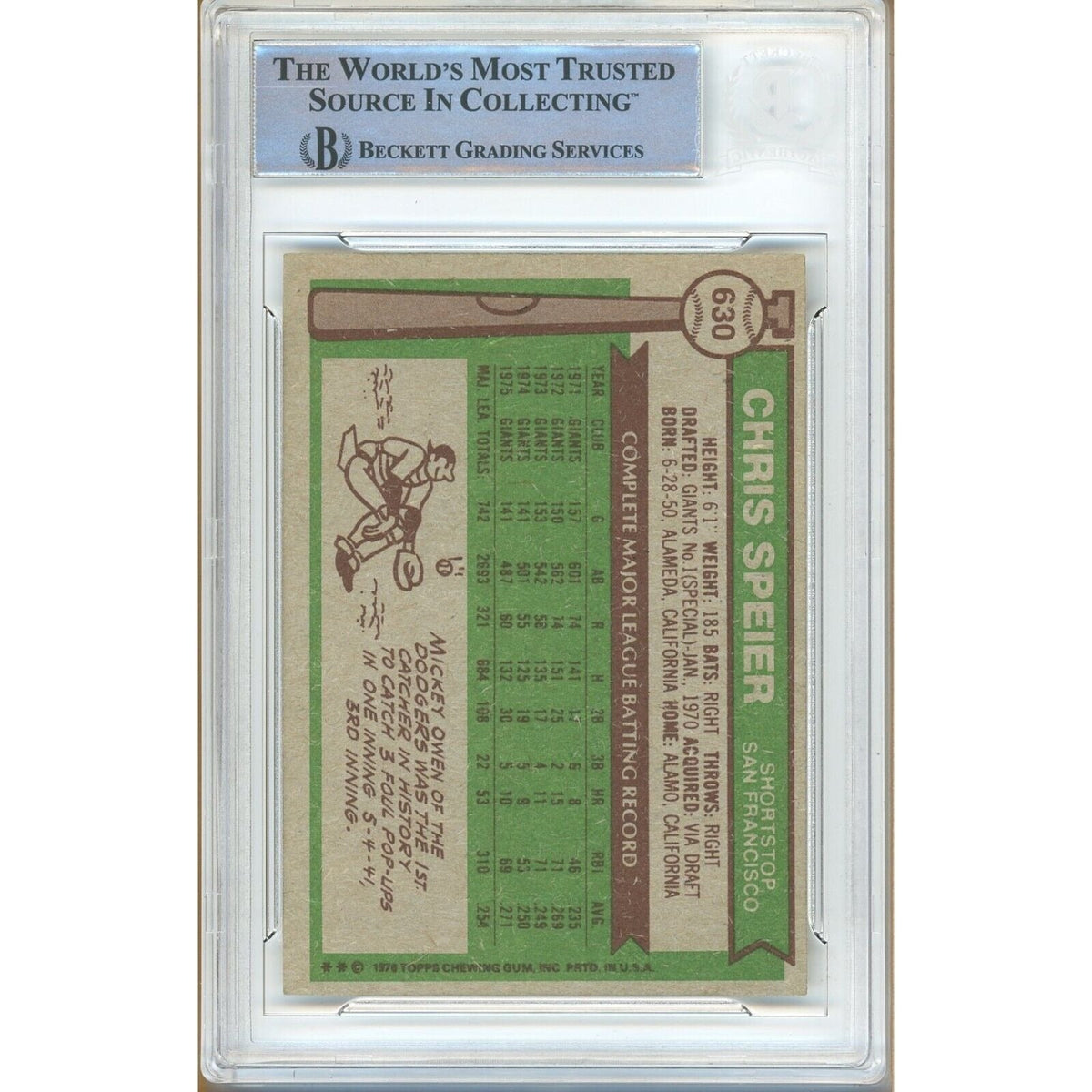 Chris Speier San Francisco Giants Autograph Trading Card Beckett BAS