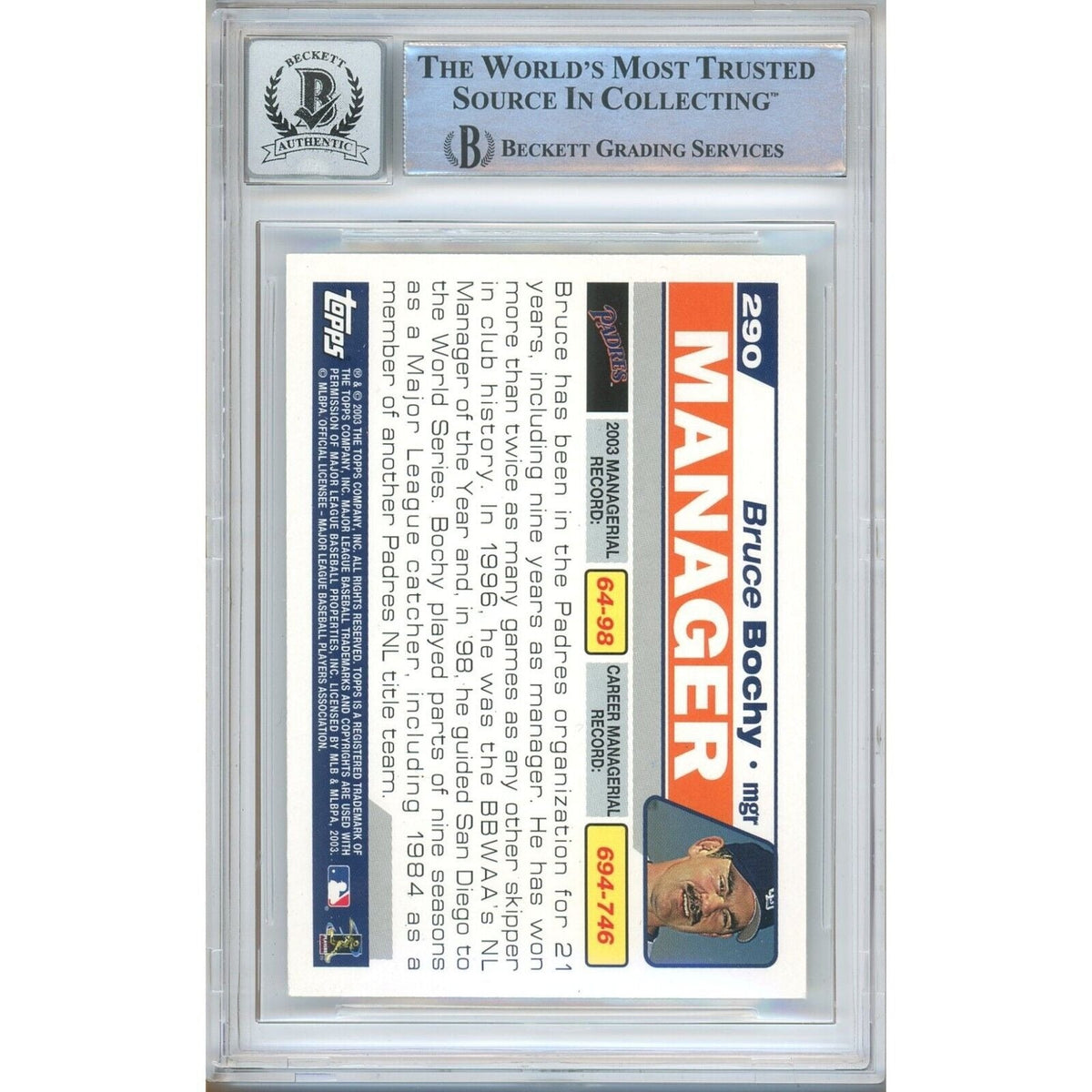 Bruce Bochy San Diego Padres Autograph Trading Card Beckett BAS