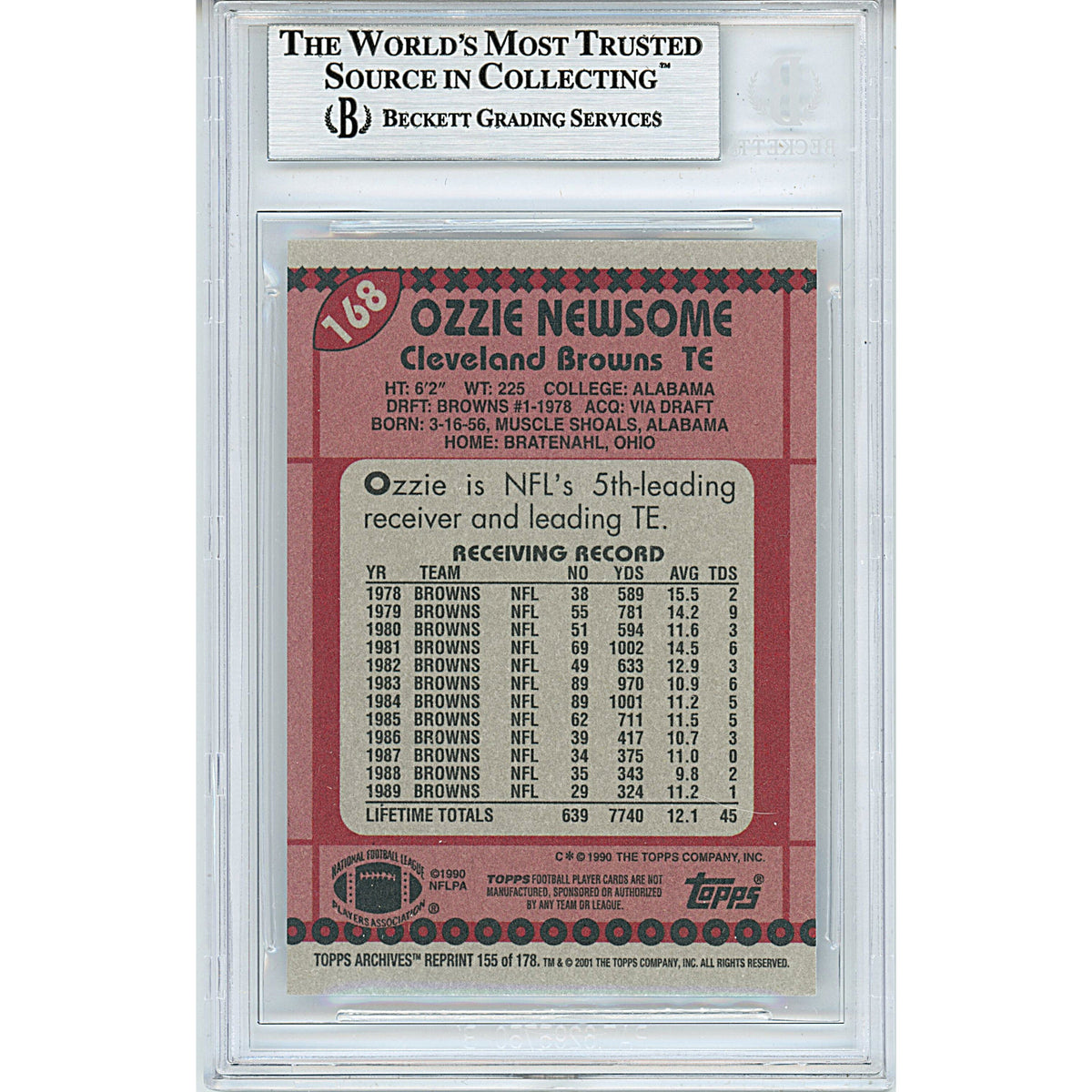 Ozzie Newsome Signed Cleveland Browns Trading Card Beckett BGS
