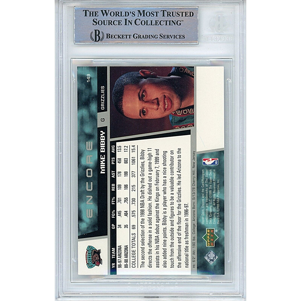 Mike Bibby Vancouver Grizzlies Signed Autograph Trading Card Beckett BAS