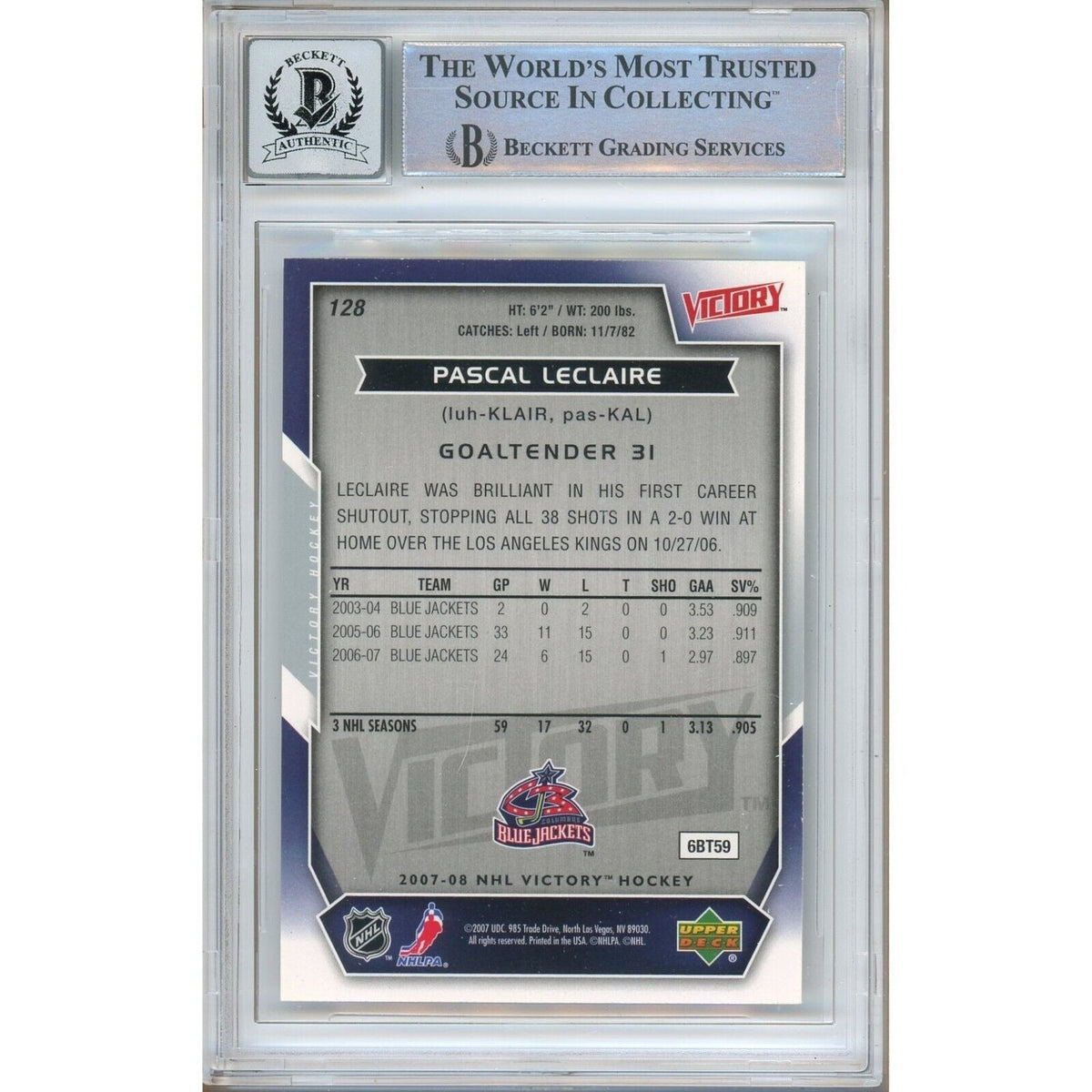 Pascal Blue Jackets Signed Trading Card Beckett BGS