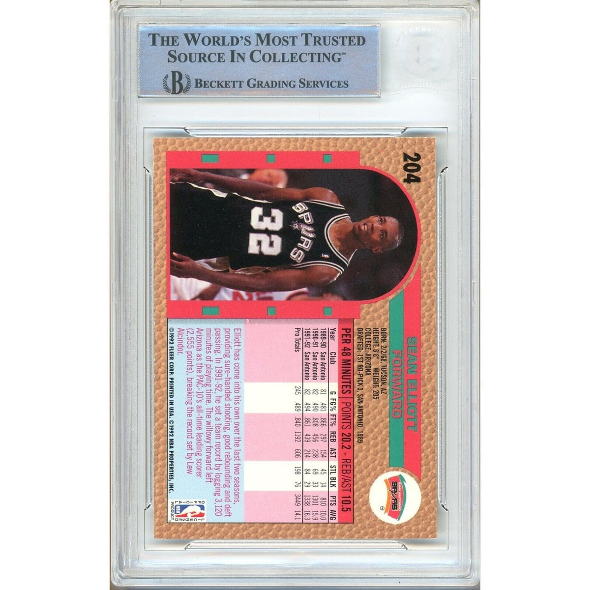 Sean Elliott San Antonio Spurs Autograph Trading Card Beckett BAS
