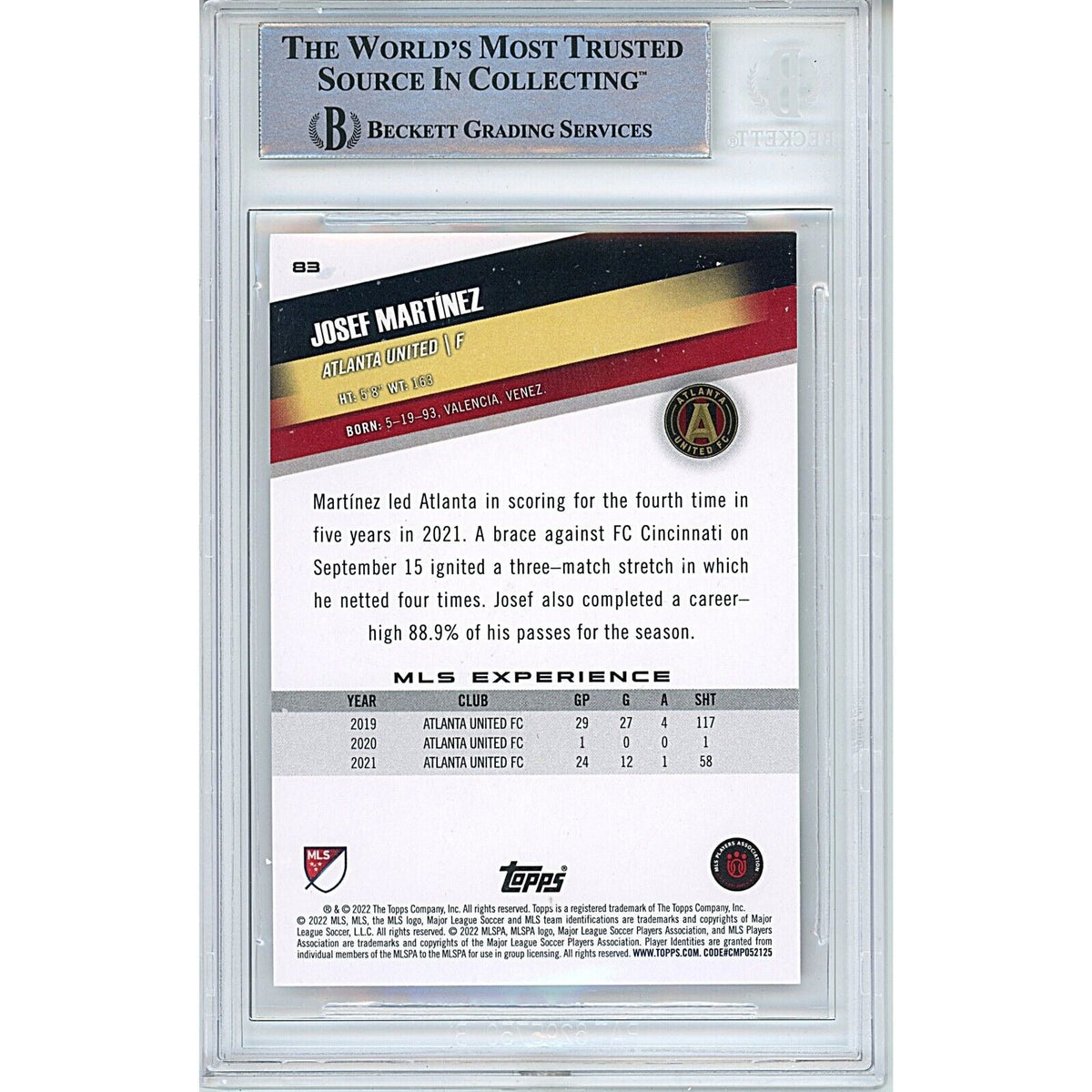 Josef Martinez Atlanta United Autographed Signed Trading Card Beckett BAS