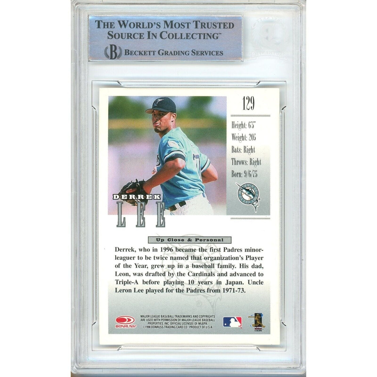 Derrek Lee Donruss Studio Signed Trading Card Beckett BAS