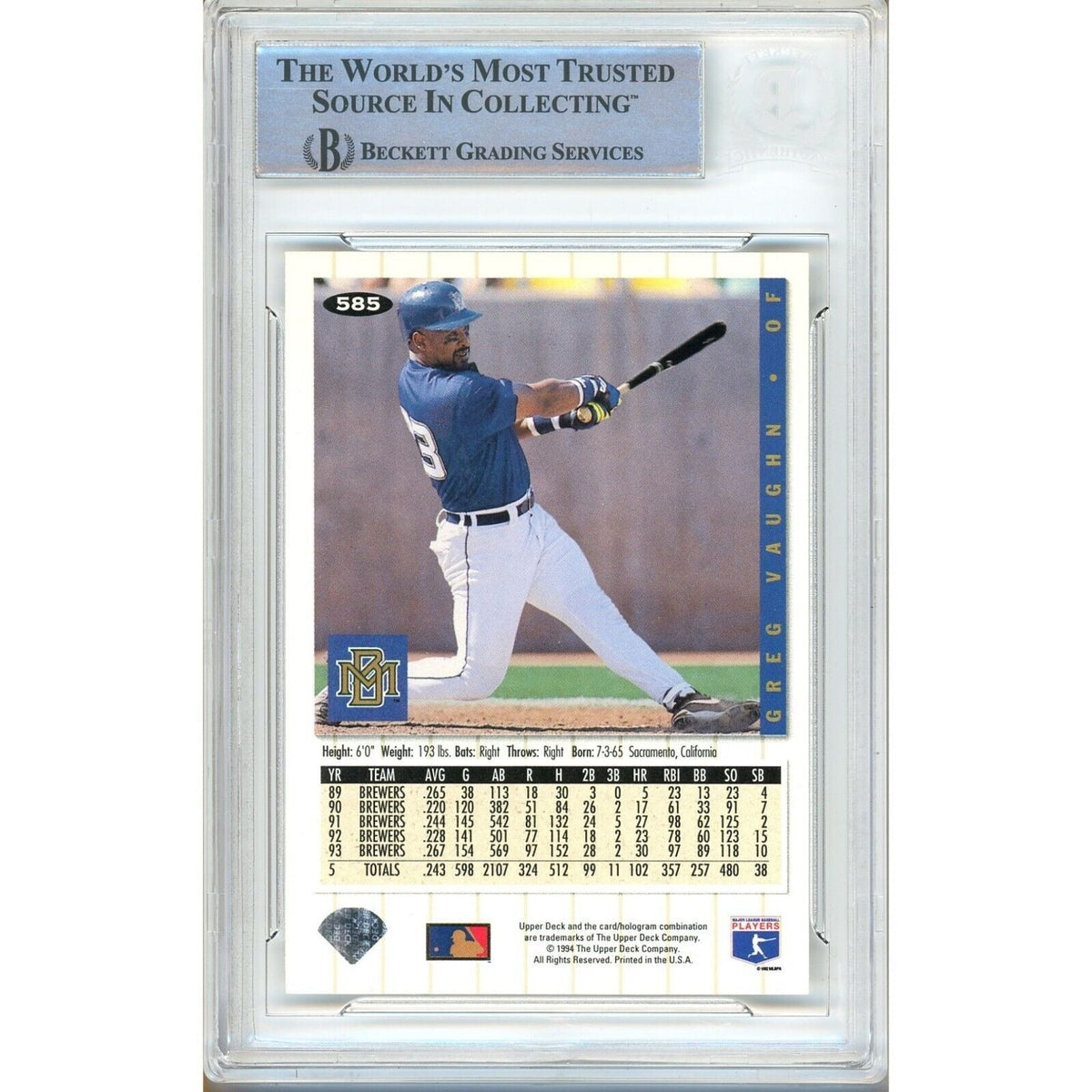 Greg Vaughn Collectors Choice Autograph Trading Card Beckett BAS