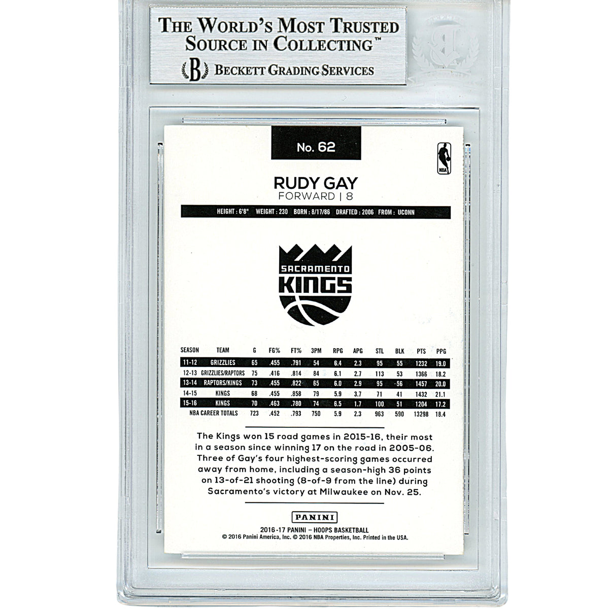 Rudy Gay Signed Sacramento Kings Trading Card Beckett BGS