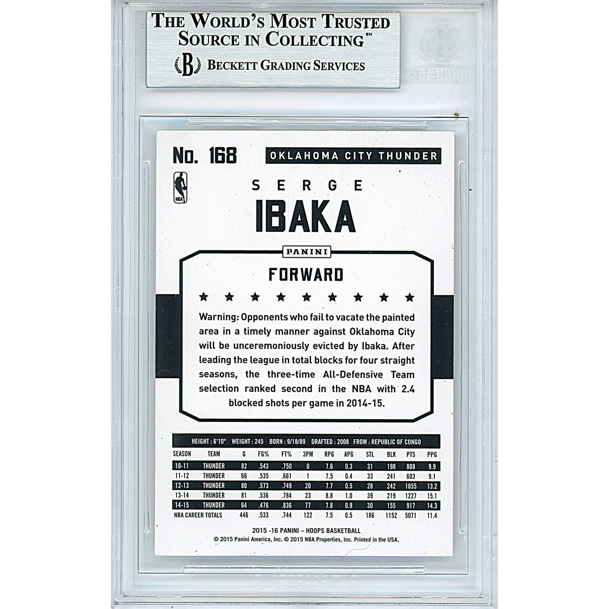 Serge Ibaka Signed Oklahoma City Trading Card Beckett BGS