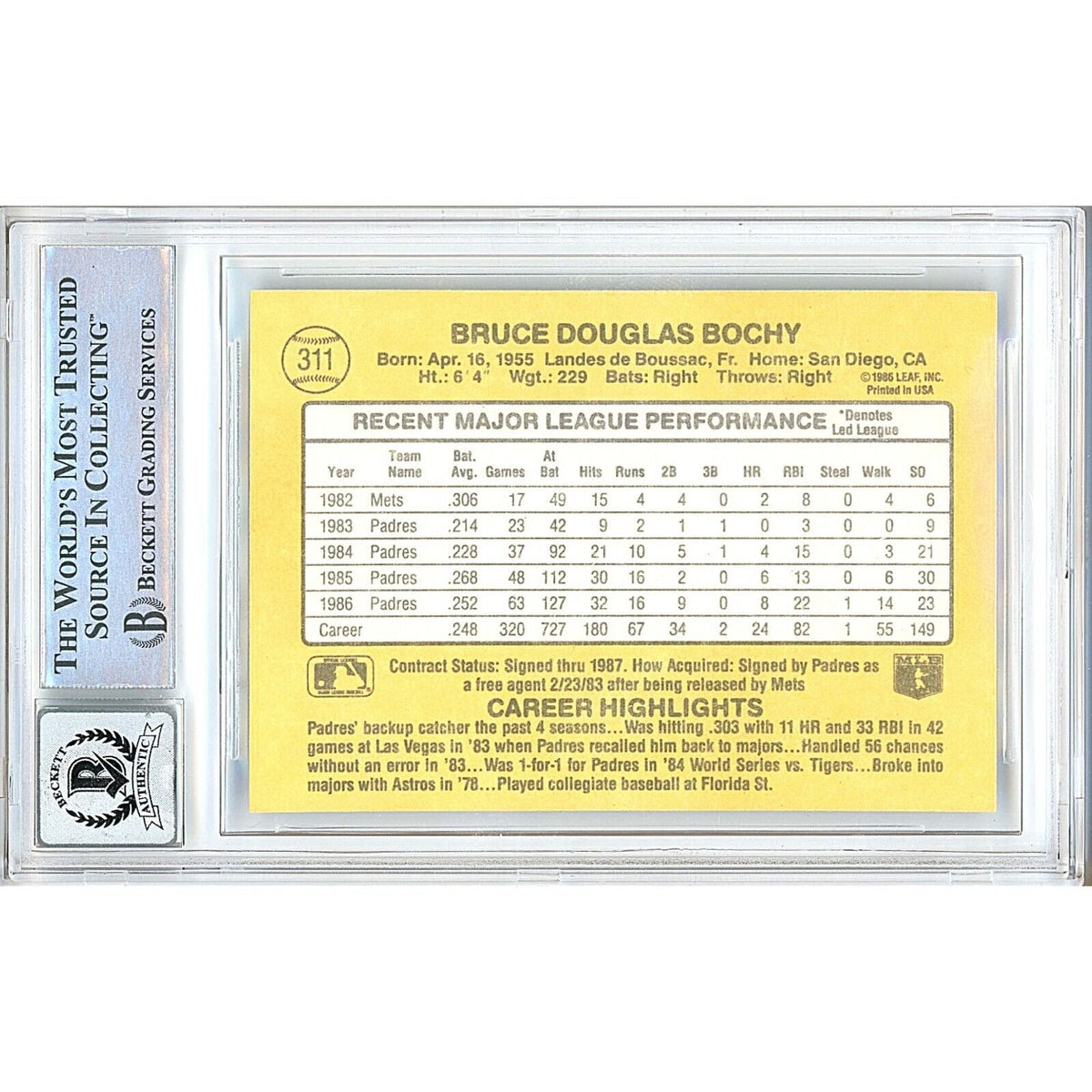 Bruce Bochy San Diego Padres Signed Trading Card Beckett BGS