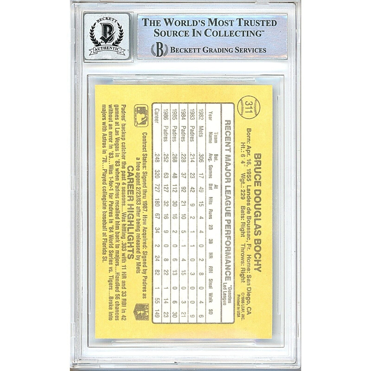 Bruce Bochy San Diego Padres Autograph Trading Card Beckett BGS