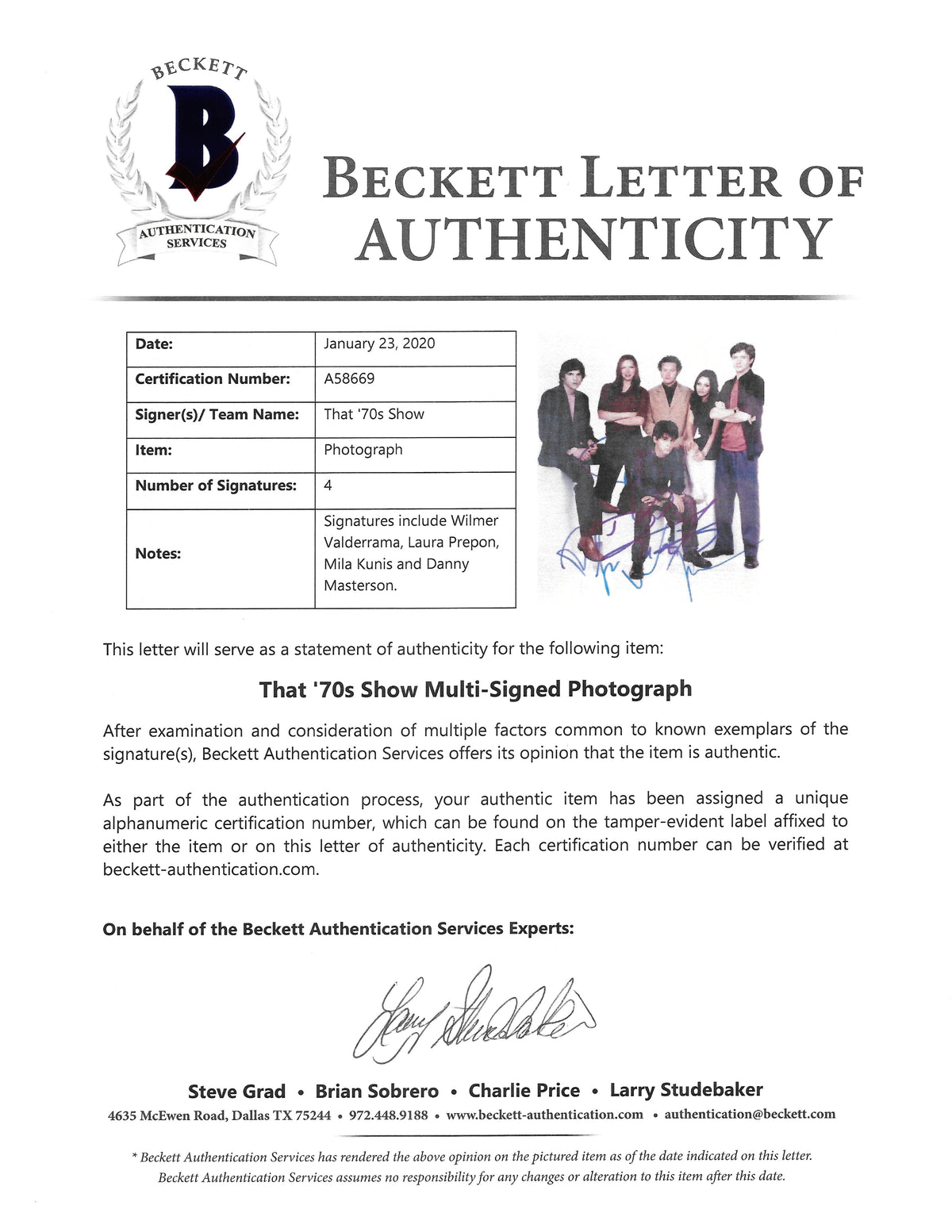That Show Autographed Photo Signed Beckett BAS