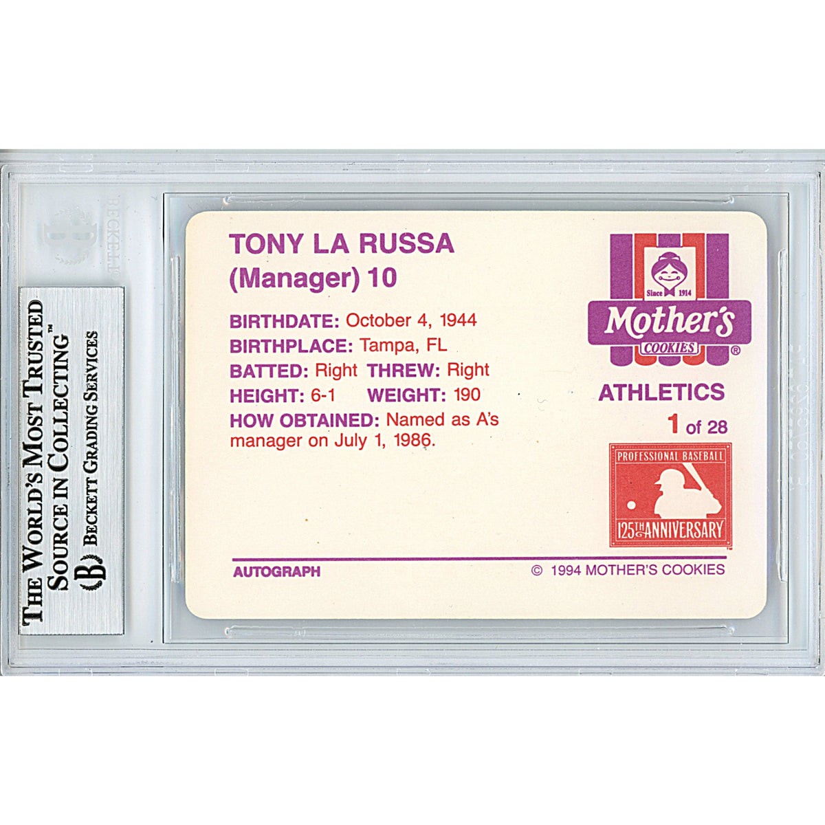 Tony Signed Oakland Athletics Trading Card Beckett BGS