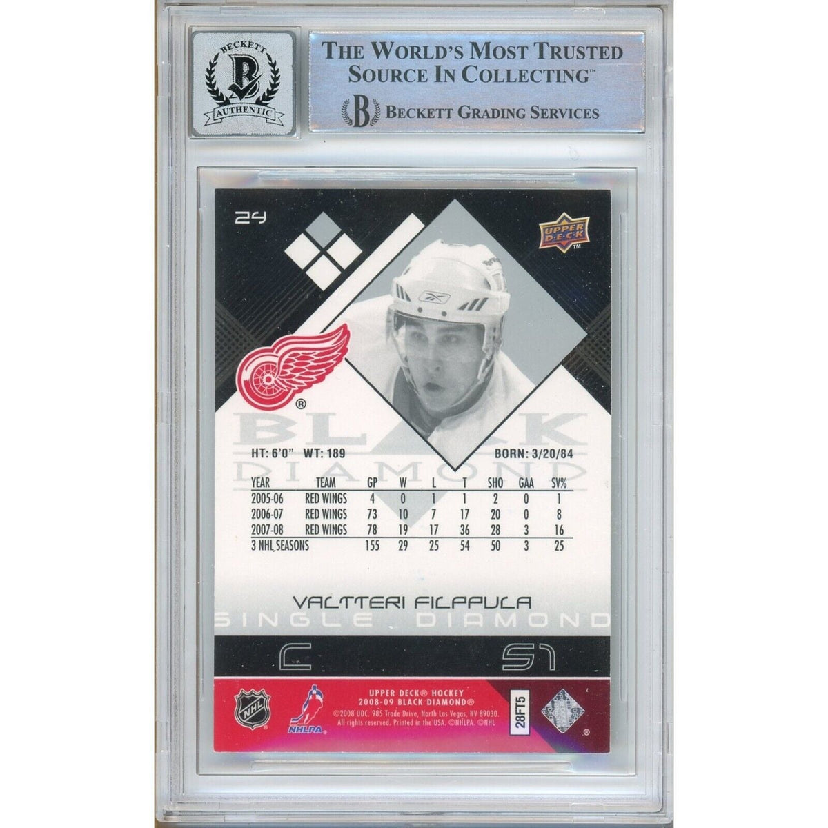 Valtteri Filppula Detroit Red Wings Signed Trading Card Beckett BGS