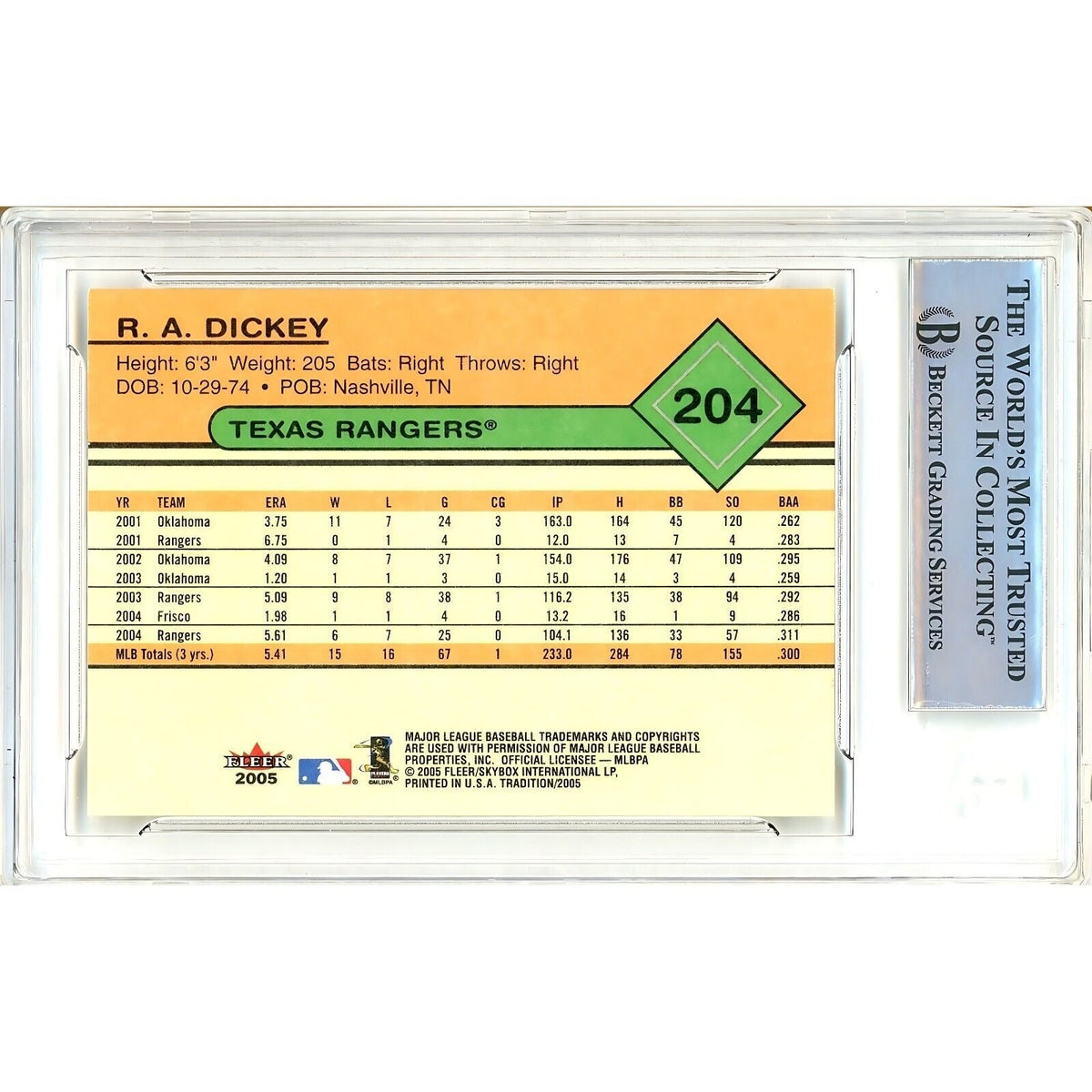 Dickey Texas Rangers Signed Trading Card Beckett BAS