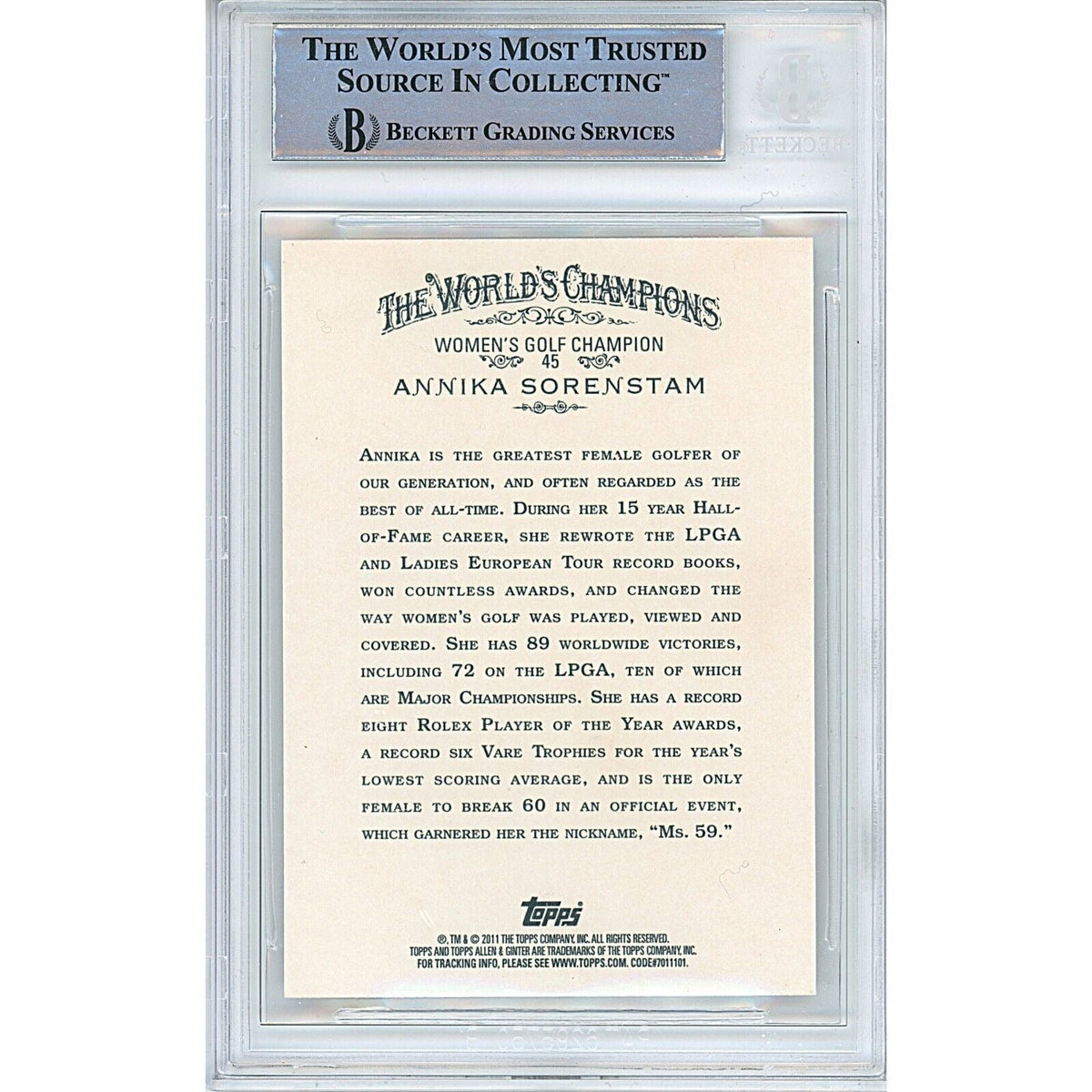 Annika Sorenstam Topps Allen Signed Trading Card Beckett BAS