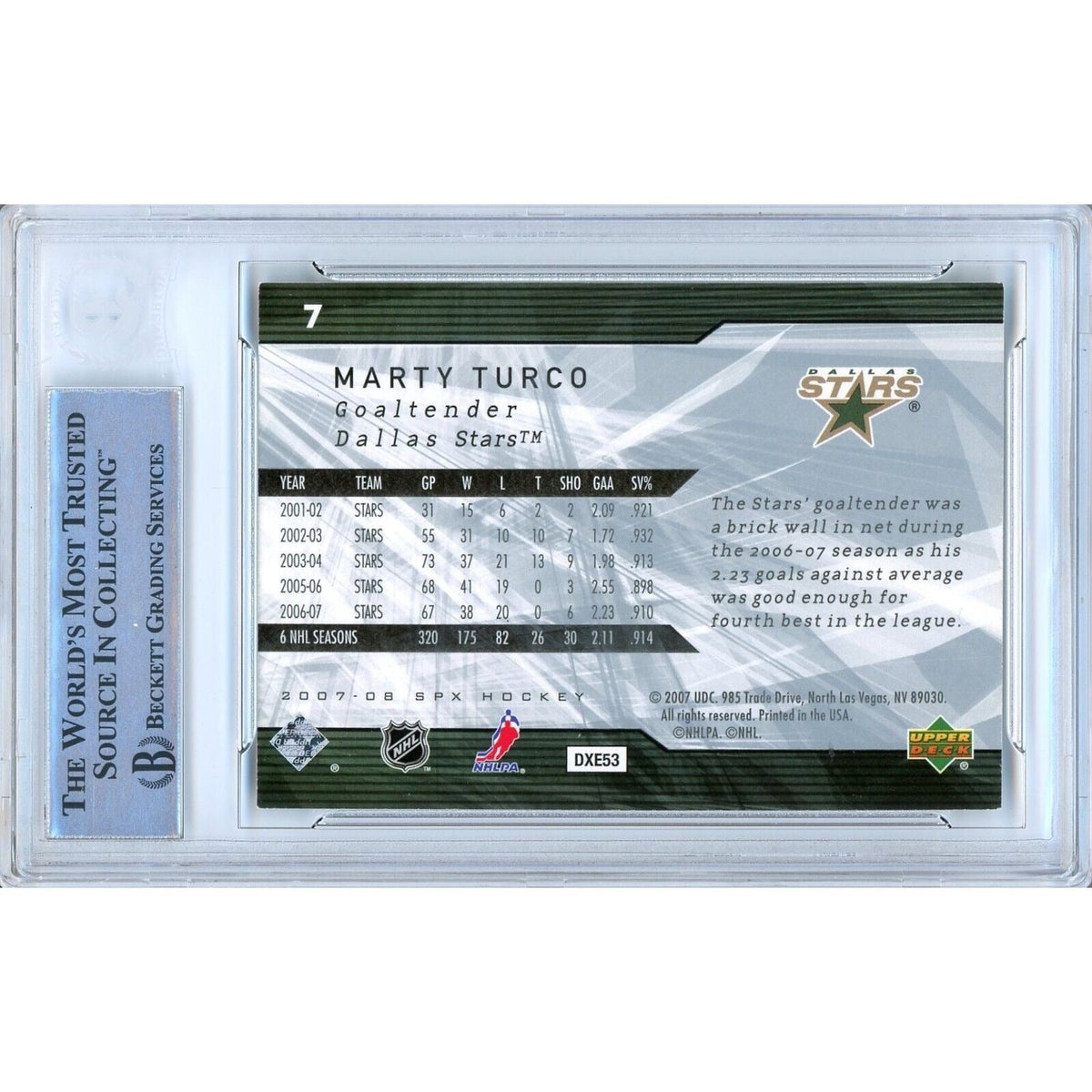 Marty Turco Dallas Stars Signed Autograph Trading Card Beckett BAS