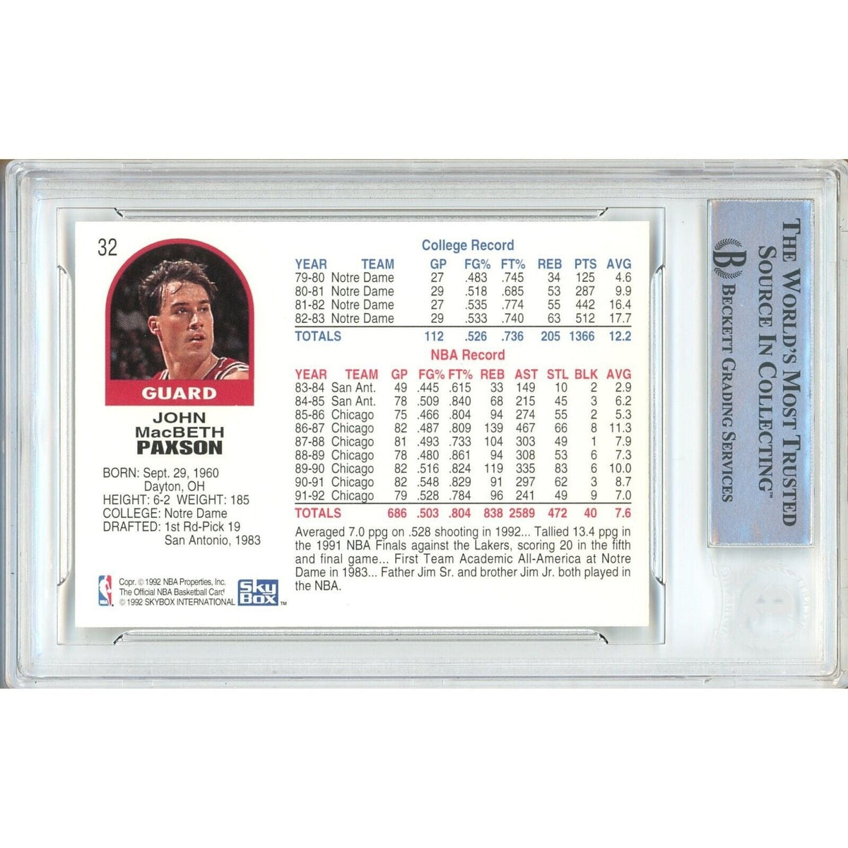 John Paxson Chicago Bulls Autographed Signed Trading Card Beckett BAS