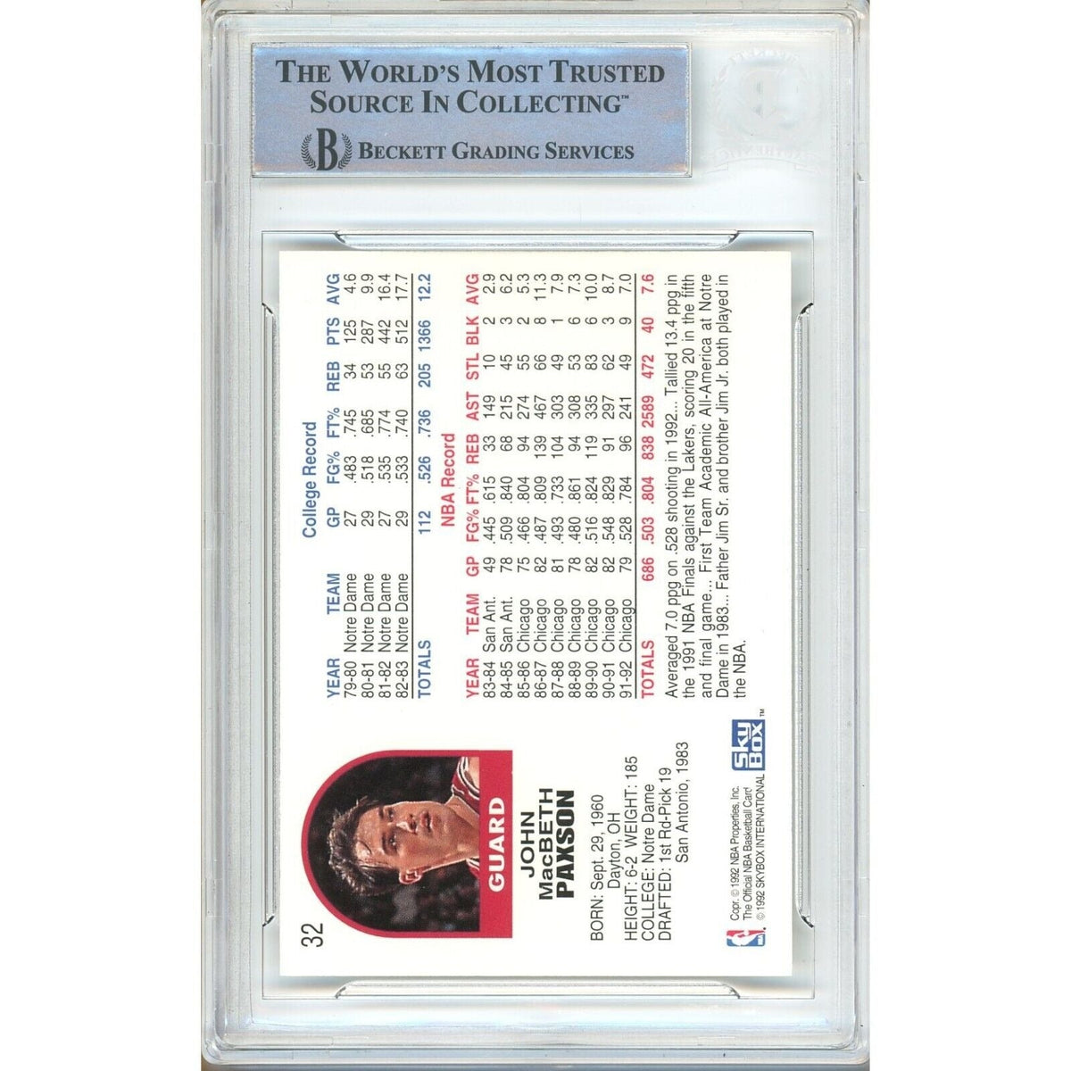 John Paxson Chicago Bulls Autographed Autograph Trading Card Beckett BAS